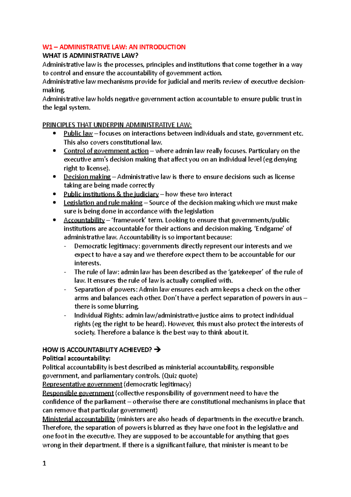 Admin EXAM Notes - W1 – ADMINISTRATIVE LAW: AN INTRODUCTION WHAT IS ...
