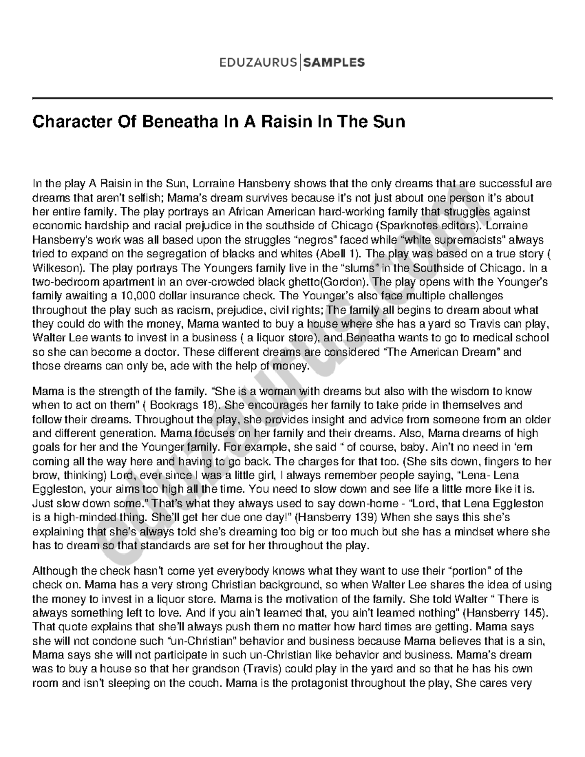 a raisin in the sun character analysis essay beneatha