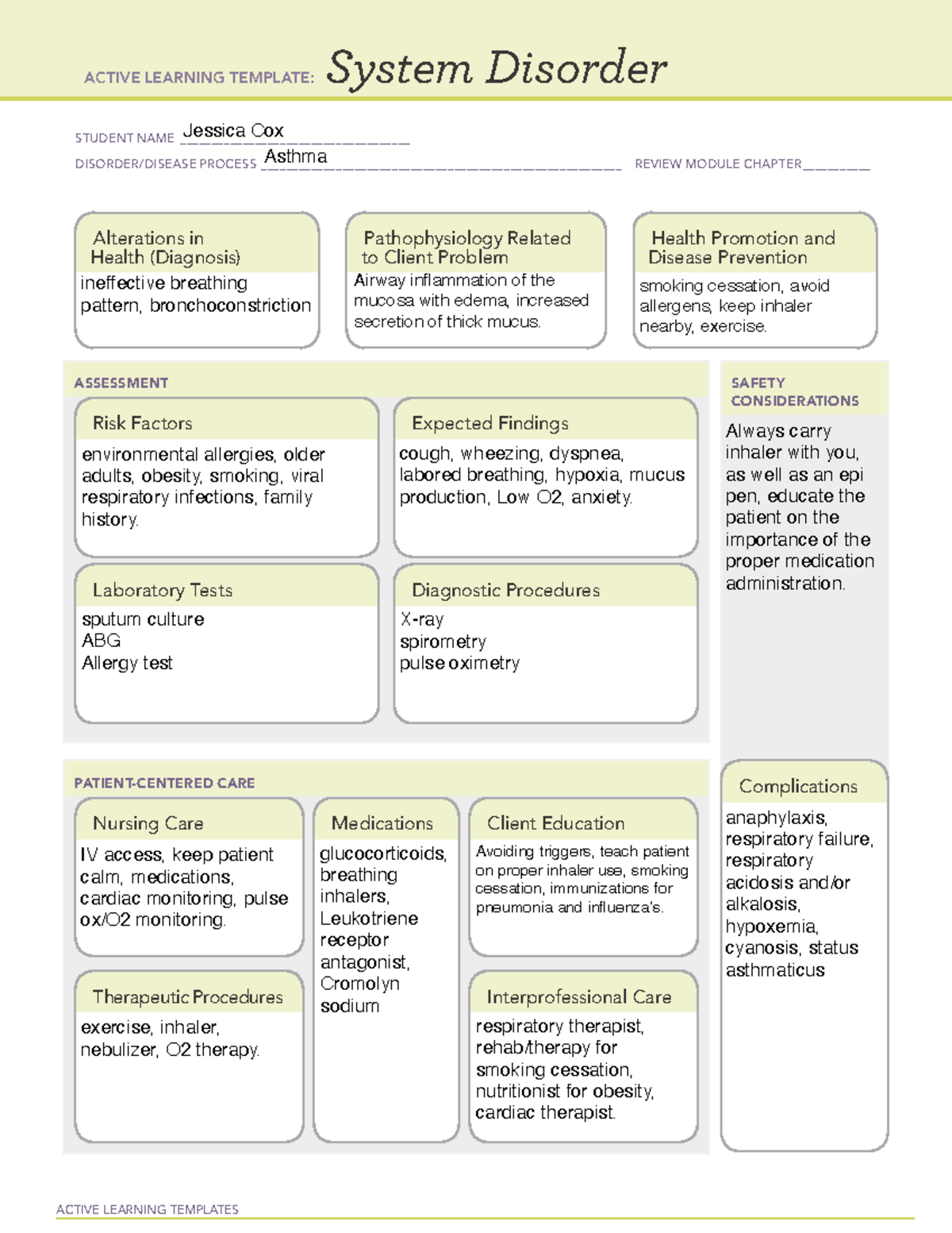 System disorder Asthma - ACTIVE LEARNING TEMPLATES System Disorder ...