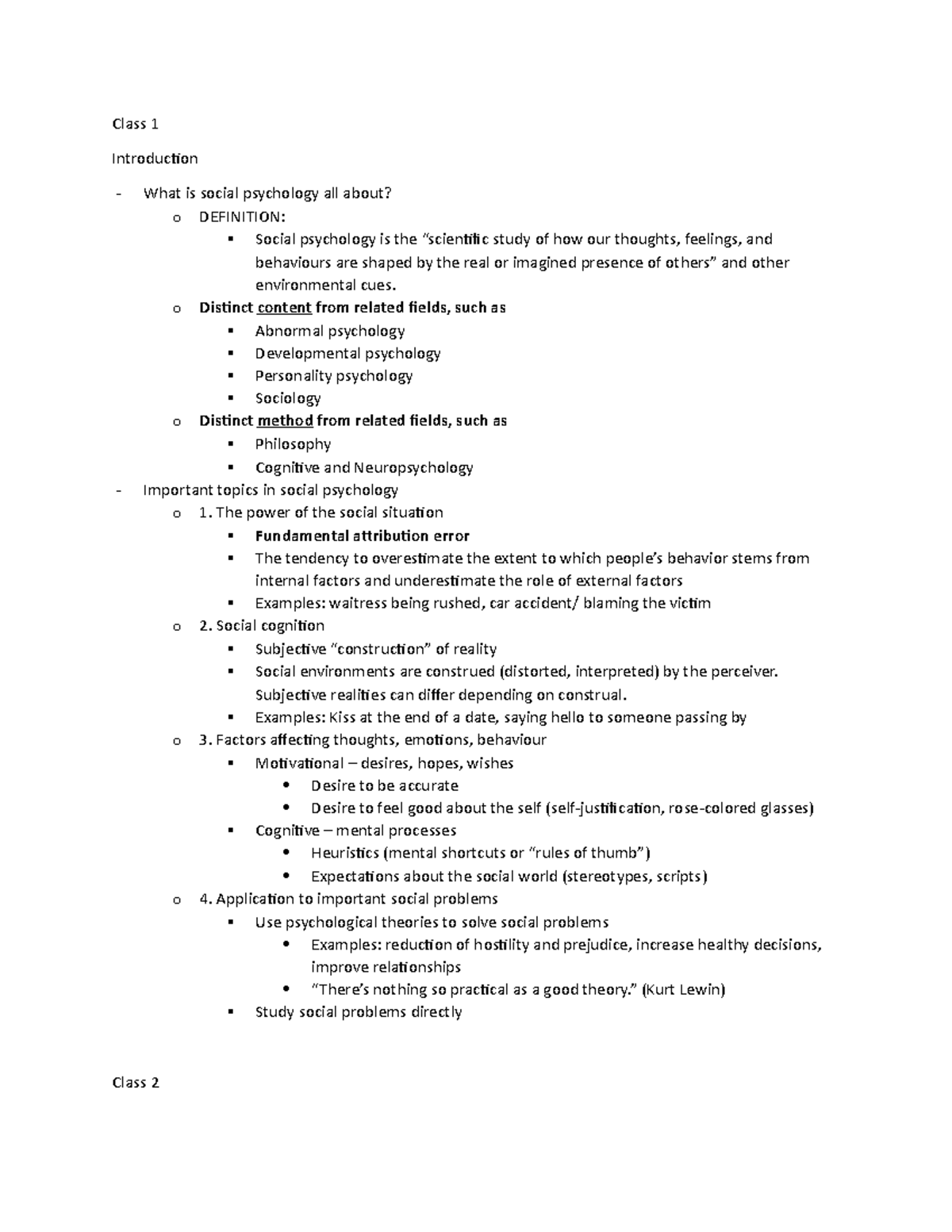 Psyc 2001 quiz 1 notes - Class 1 Introduction What is social psychology ...