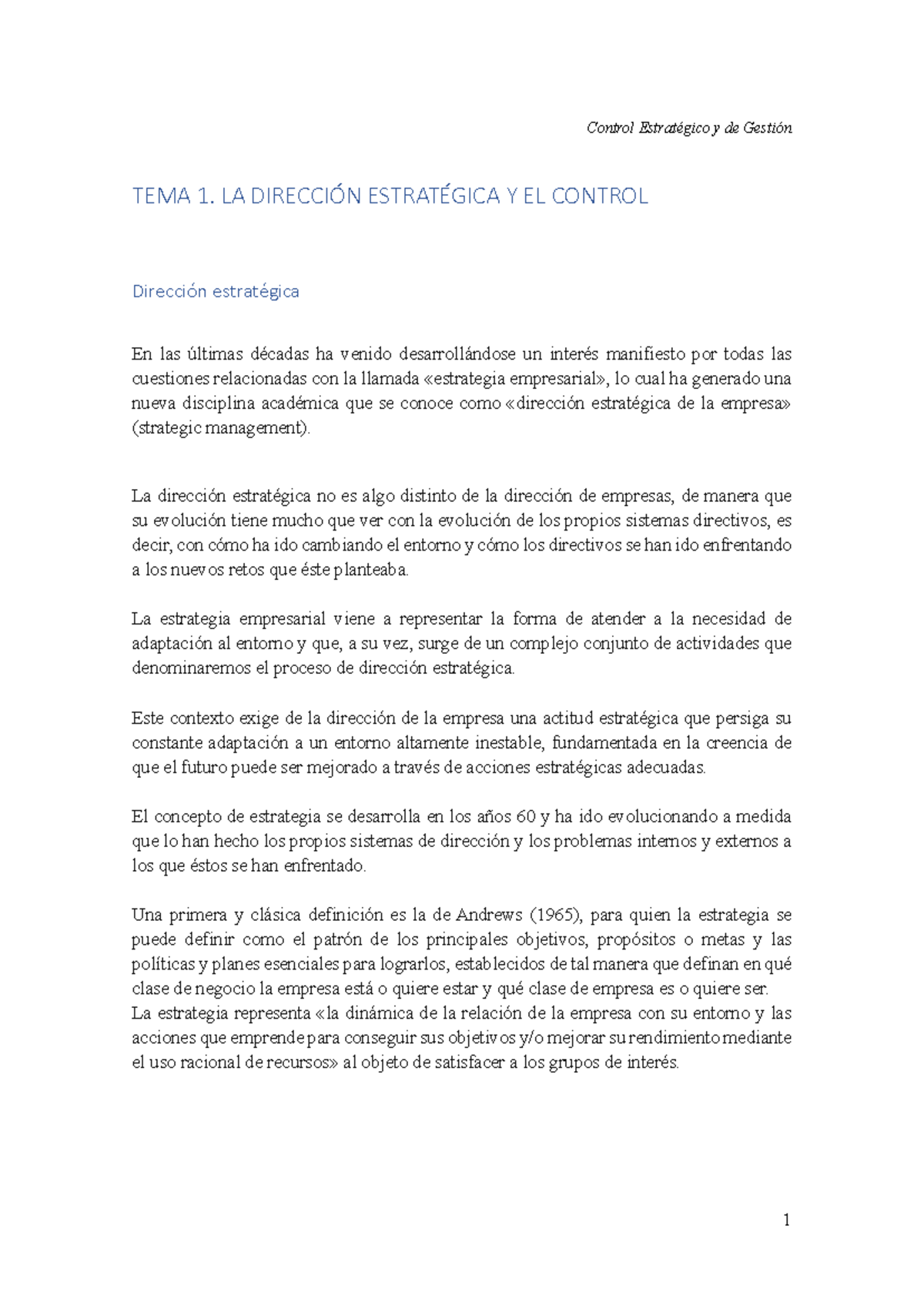 TEMA 1. LA DireccióN EstratéGICA Y EL Control - Control Estratégico y ...