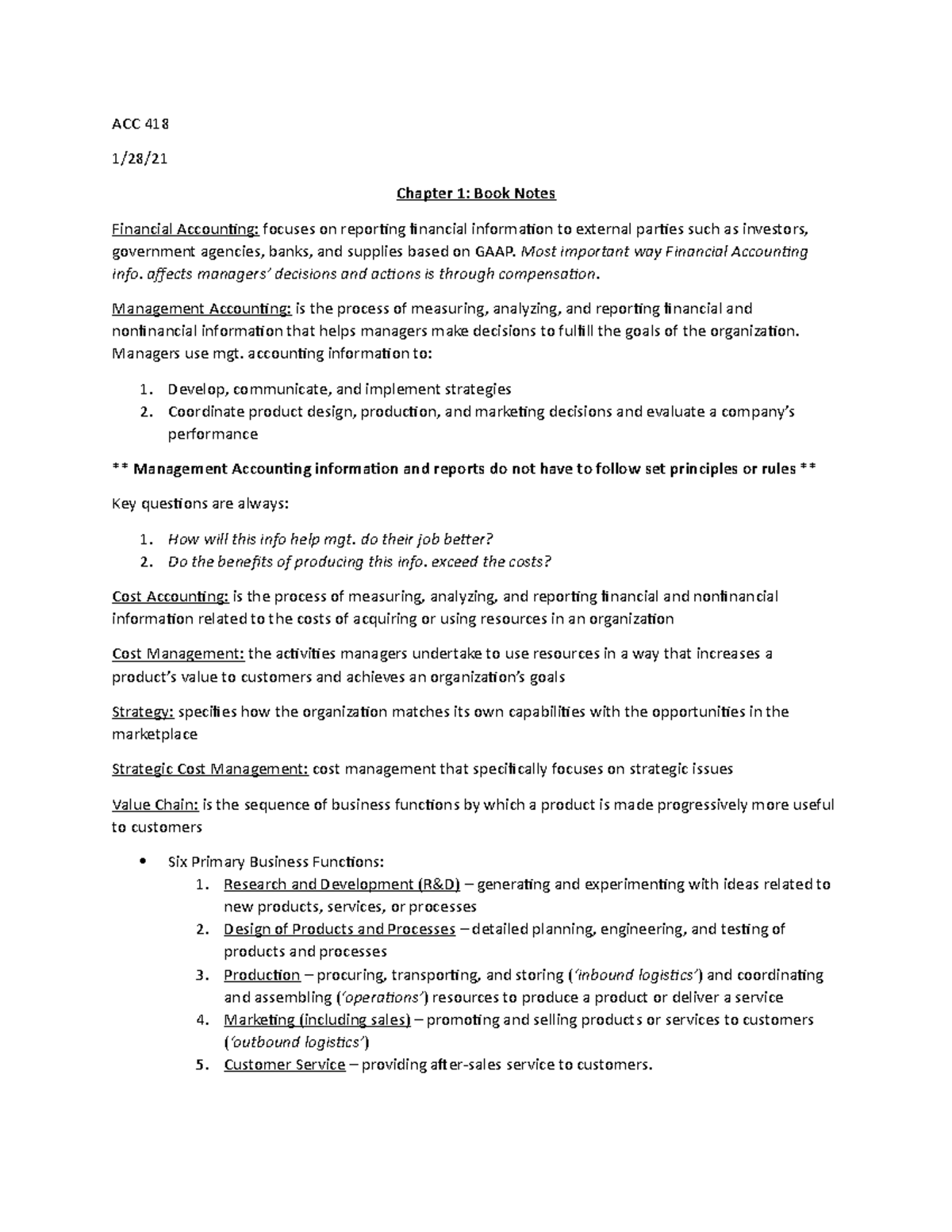 Chapter 1 - Book Notes - ACC 418 1/28/ Chapter 1: Book Notes Financial ...