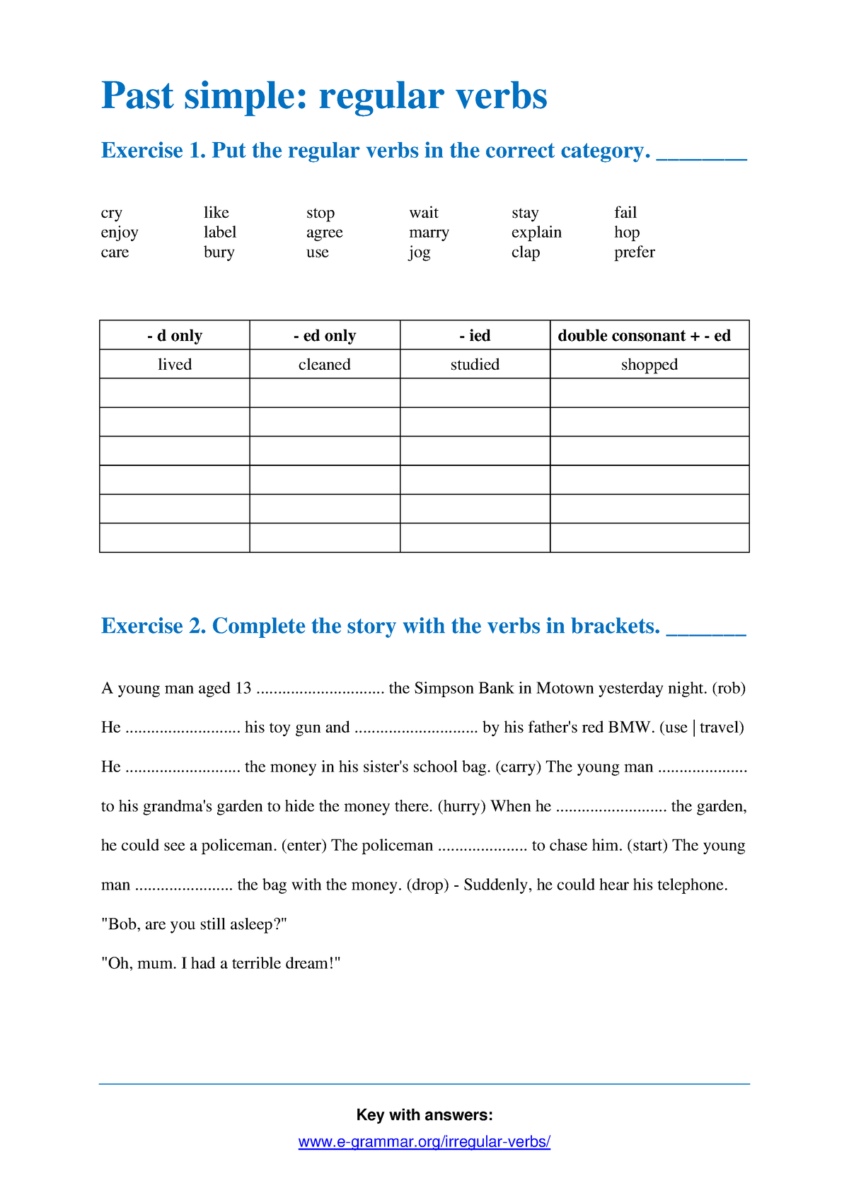 Past simple regular verbs exercises - Key with answers: e-grammar ...