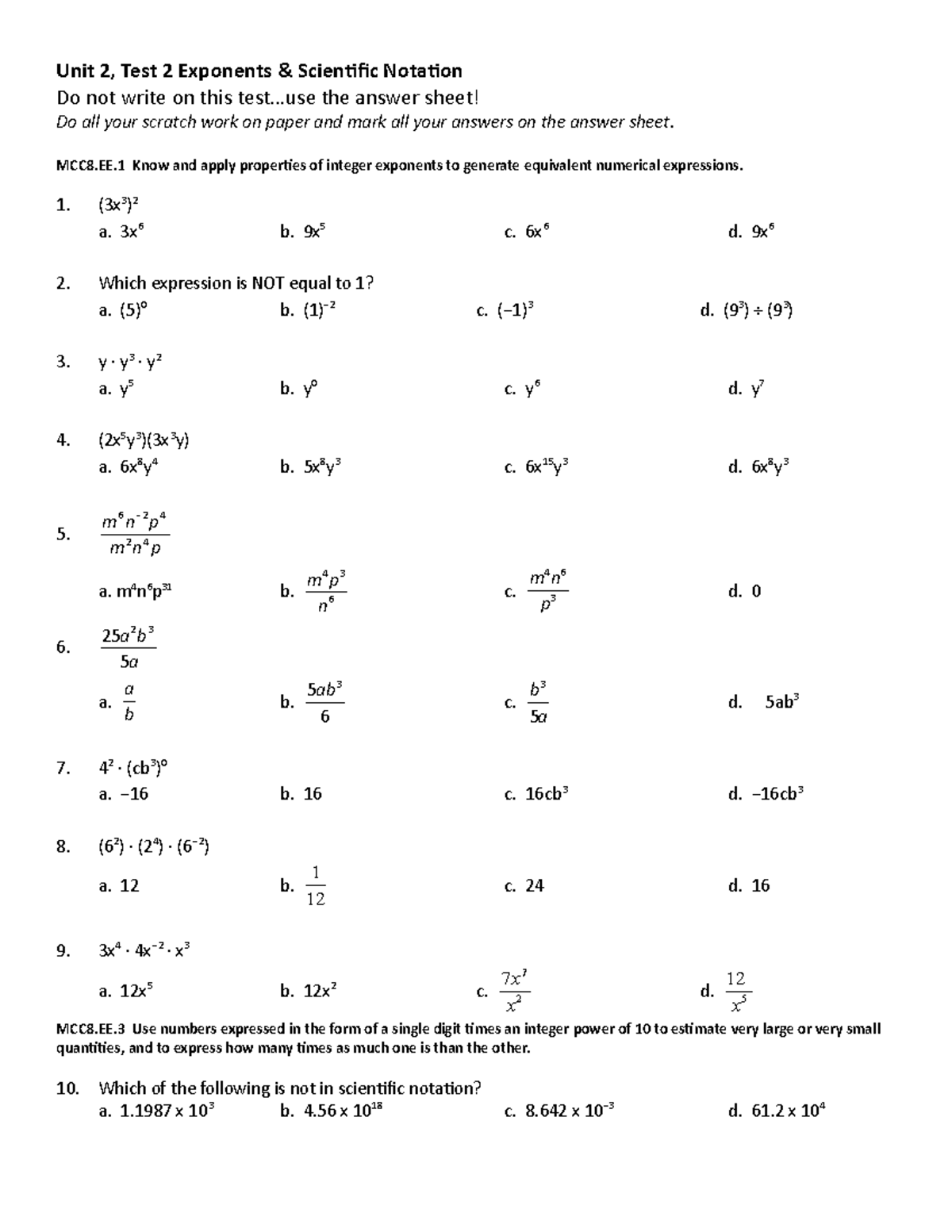 Unit 2 Test 2 - Exponents and Scientific Notation - Unit 2, Test 2 ...