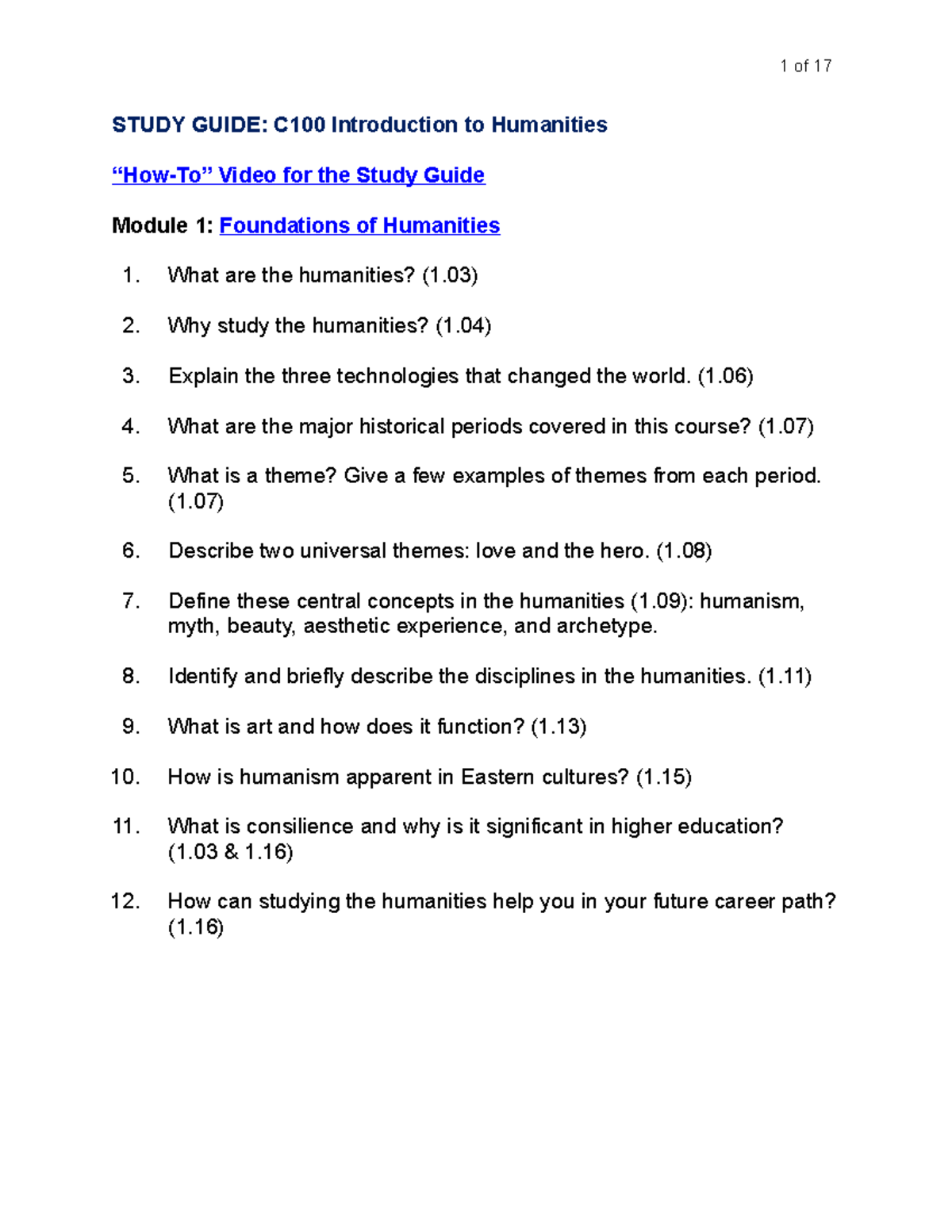 C100 study guide outline (1) - STUDY GUIDE: C100 Introduction to ...