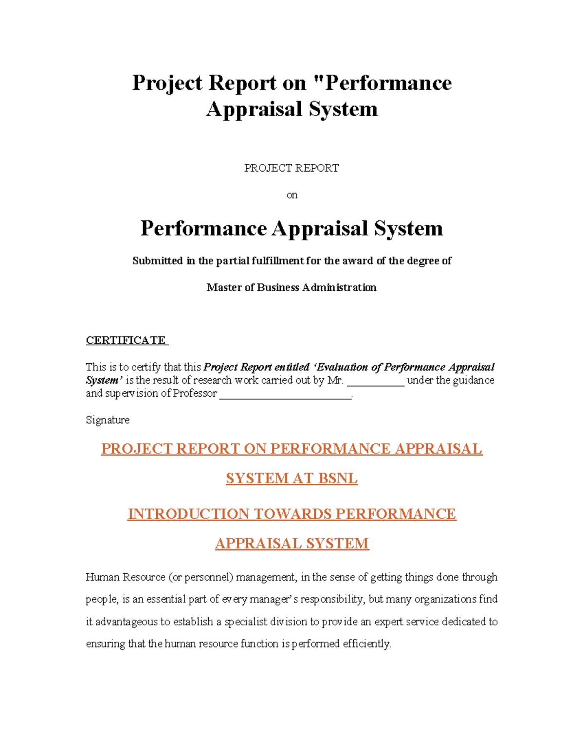 Project Report on Performance Appraisal system at BSNL - Project Report ...