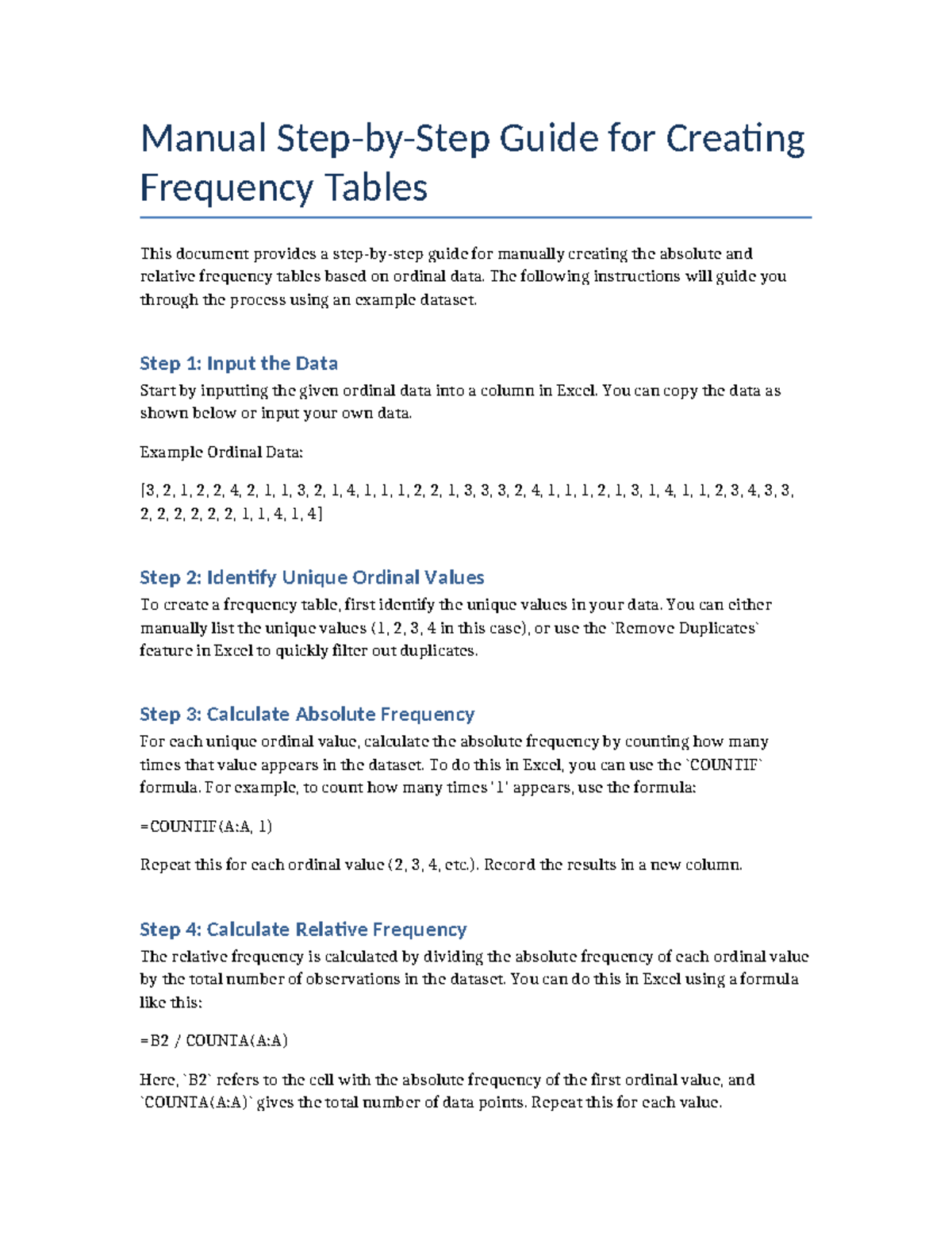 Step by step frequency table - Manual Step-by-Step Guide for Creating ...