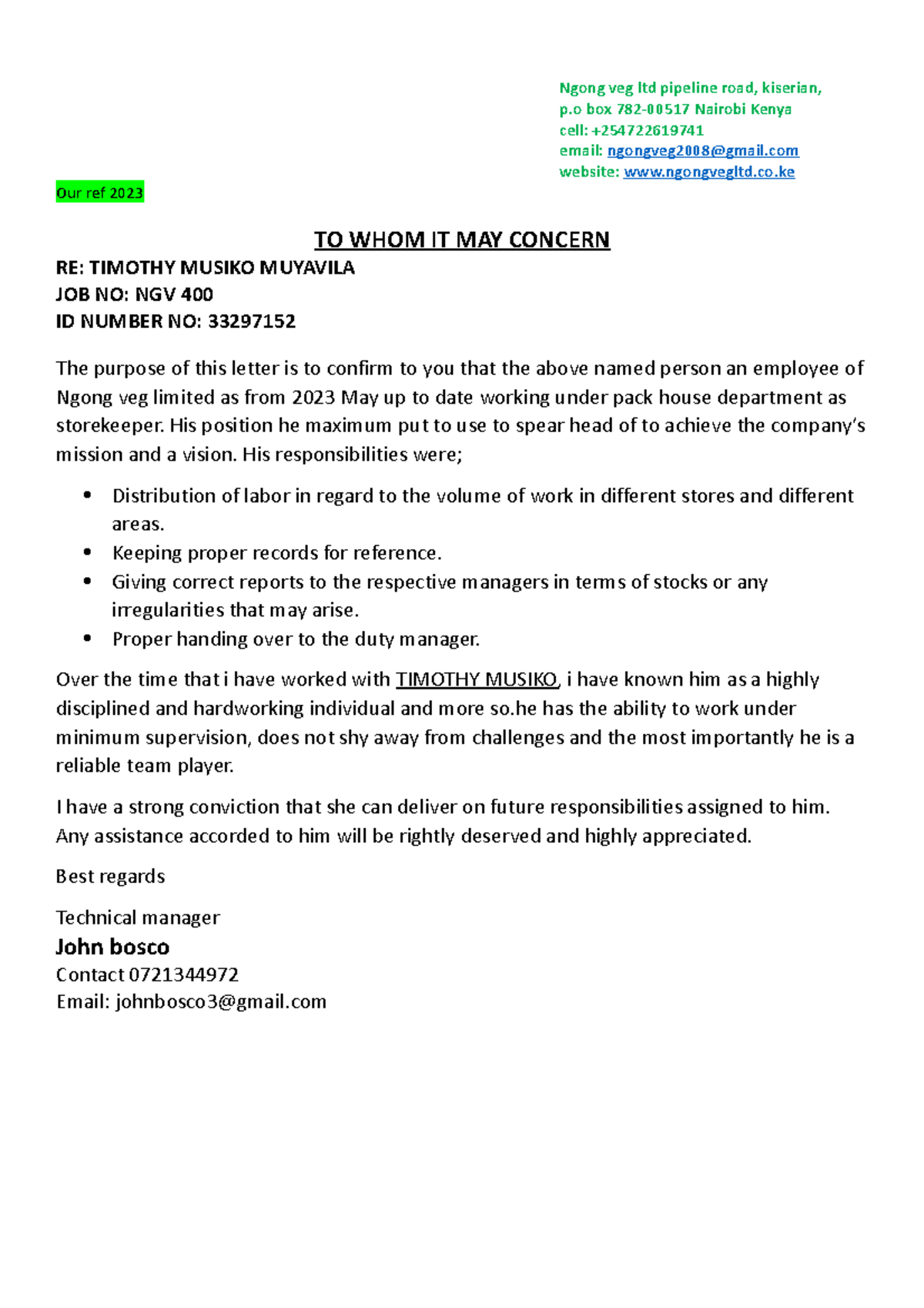 Ngong veg ltd pipeline road co Our ref 2023 TO WHOM IT MAY CONCERN RE