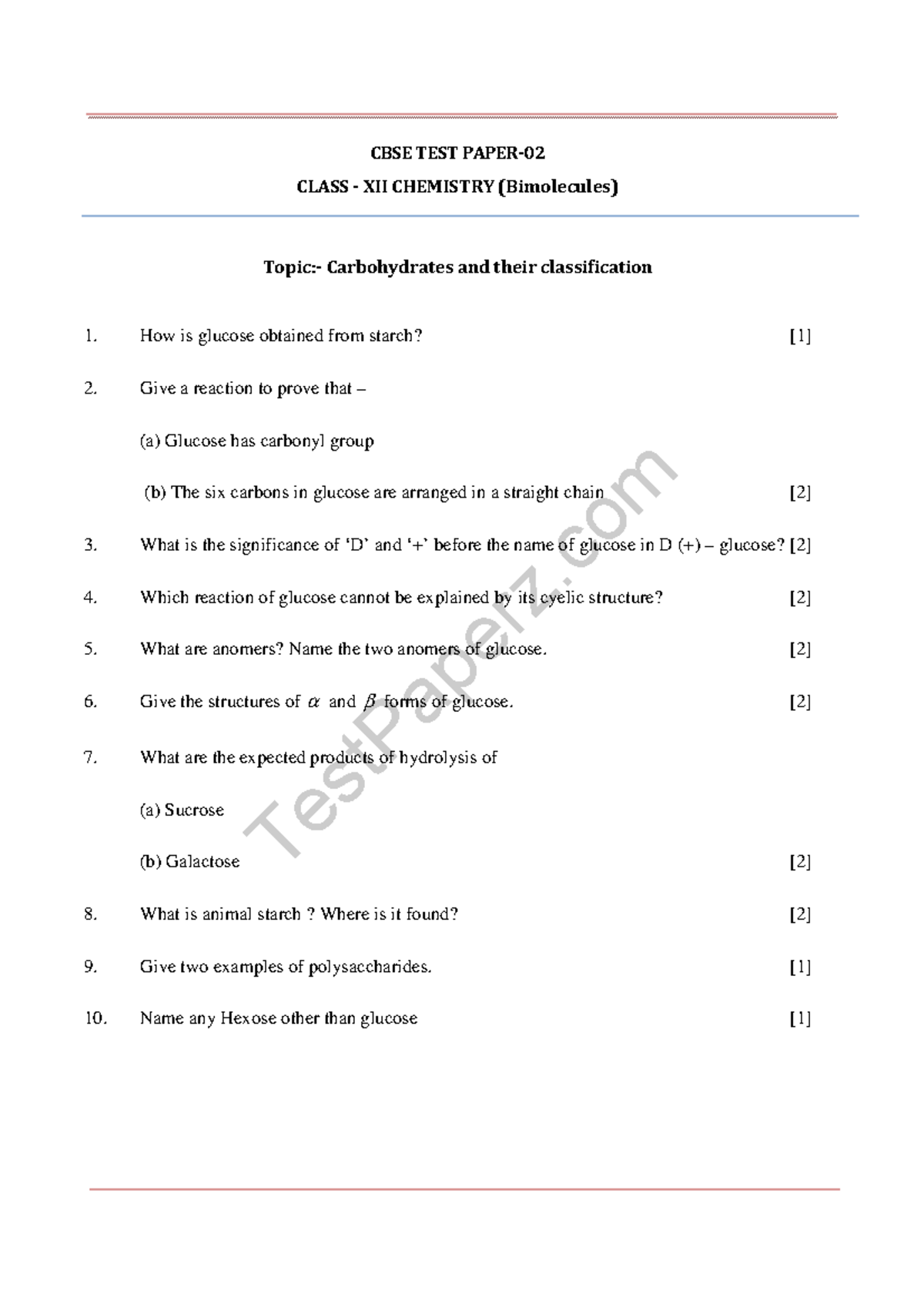 Biomolecules Imp Questions Paper 2 CBSE TEST PAPER CLASS XII