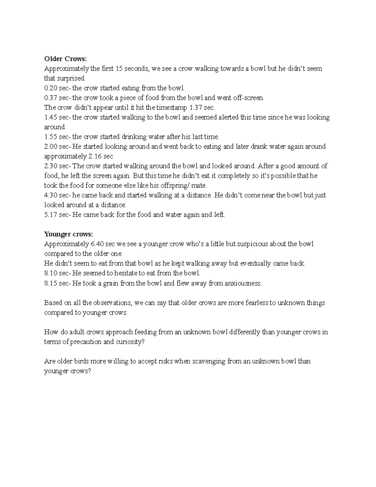 Bio Rec Assignment Crow behavior - Older Crows: Approximately the first ...