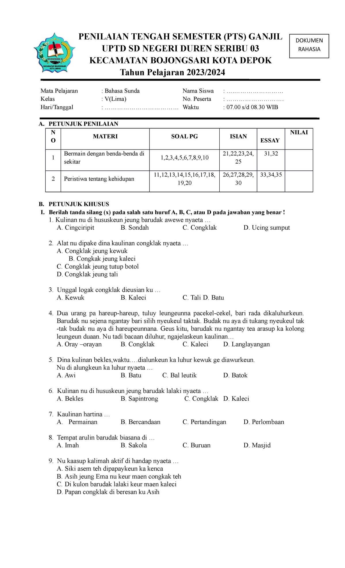 Soal Pts Sunda Ganjil Nuni Kelas 5 - PENILAIAN TENGAH SEMESTER (PTS ...