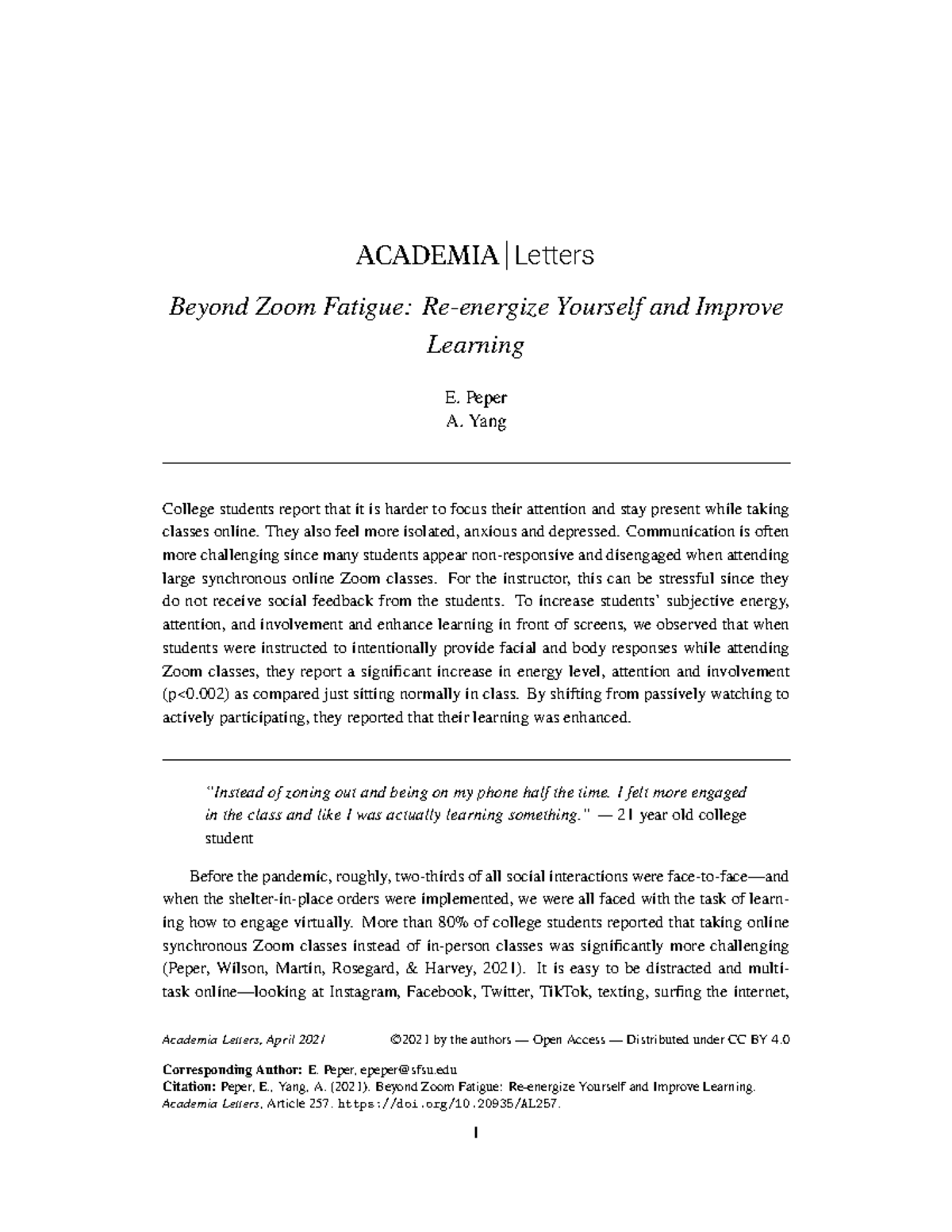 Beyond Zoom Fatigue Re energize Yourself - ACADEMIA Letters Beyond Zoom ...
