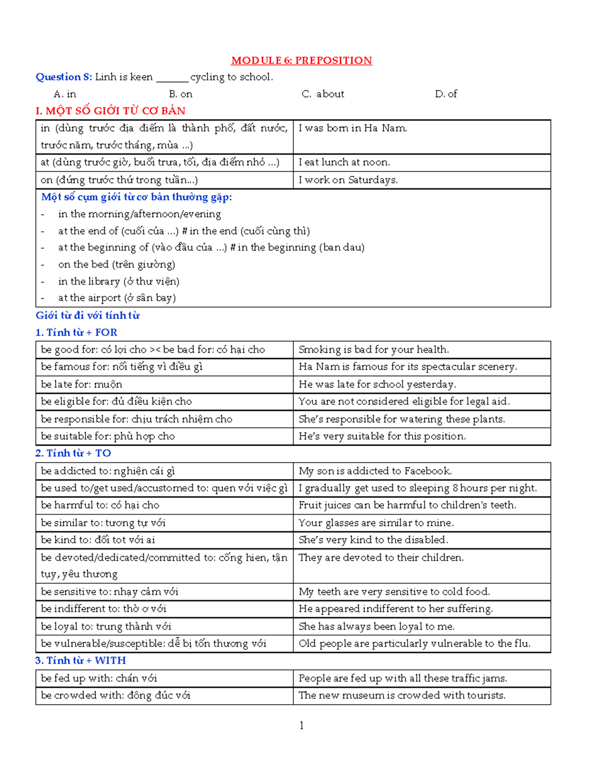 Module 6 7 8 - tiếng anh - MODULE 6 : PREPOSITION Question 8: Linh is ...