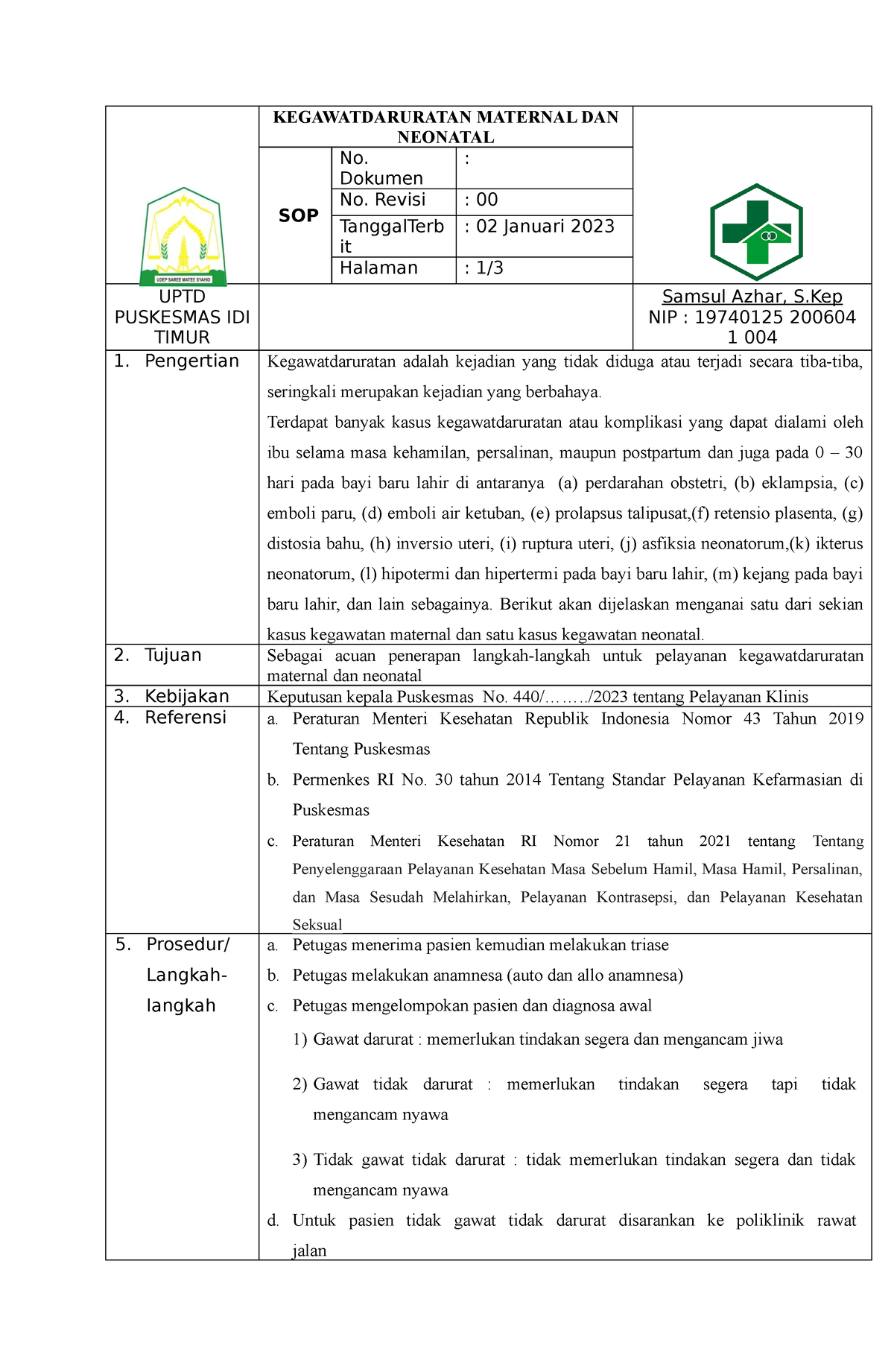 SOP Kegawatdaruratan Maternal DAN Neonatal - KEGAWATDARURATAN MATERNAL ...