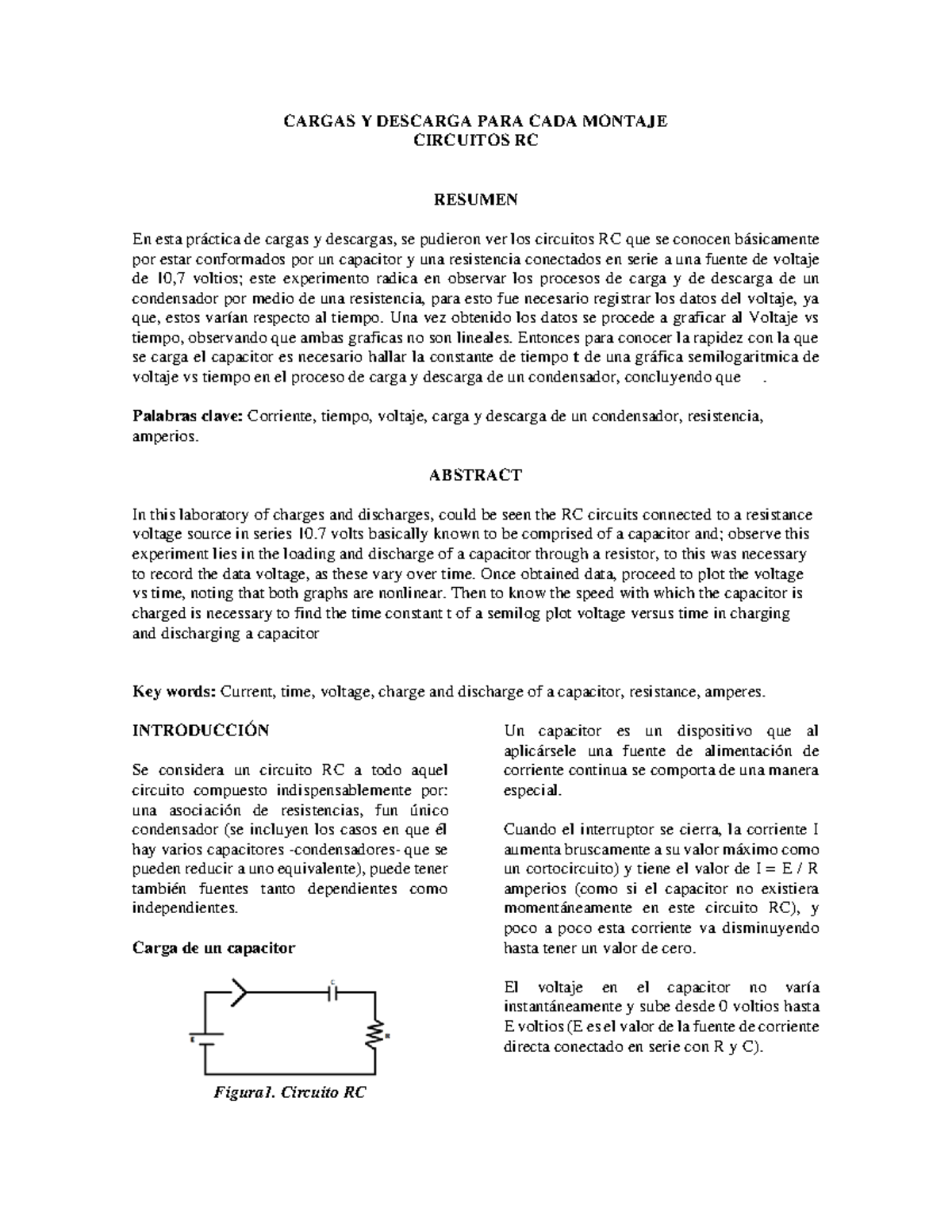 Informe Cargas Y Descarga PARA CADA Montaje DE Circuitos CARGAS Y