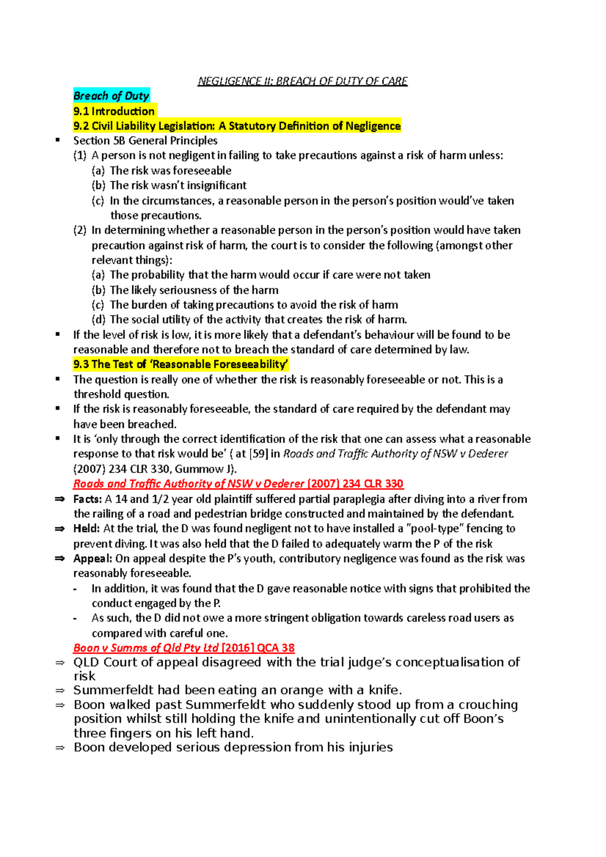 Seminar 4 (Breach of Duty of Care) - NEGLIGENCE II: BREACH OF DUTY OF ...