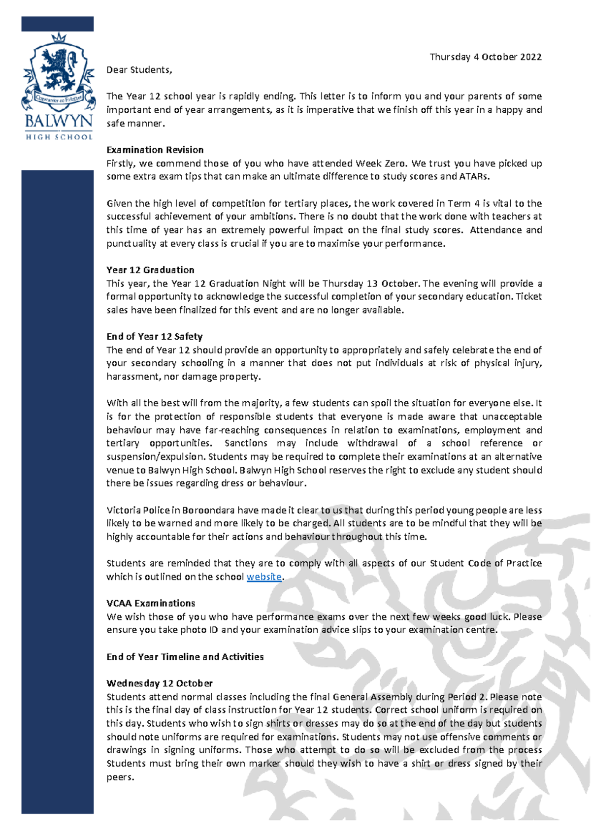 2022 End of year student letter - Thursday 4 October 2022 Dear Students ...