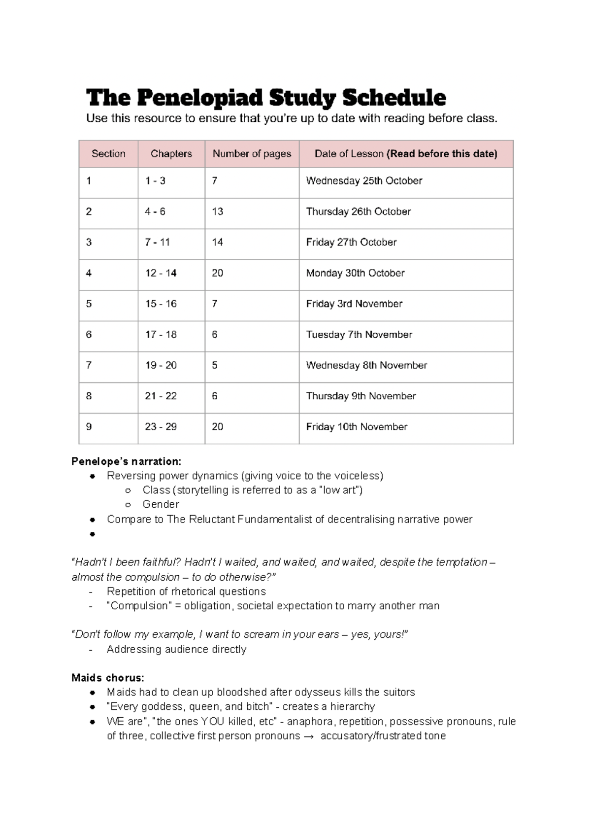 Copy of penelopiad notes - Penelope’s narration: Reversing power ...