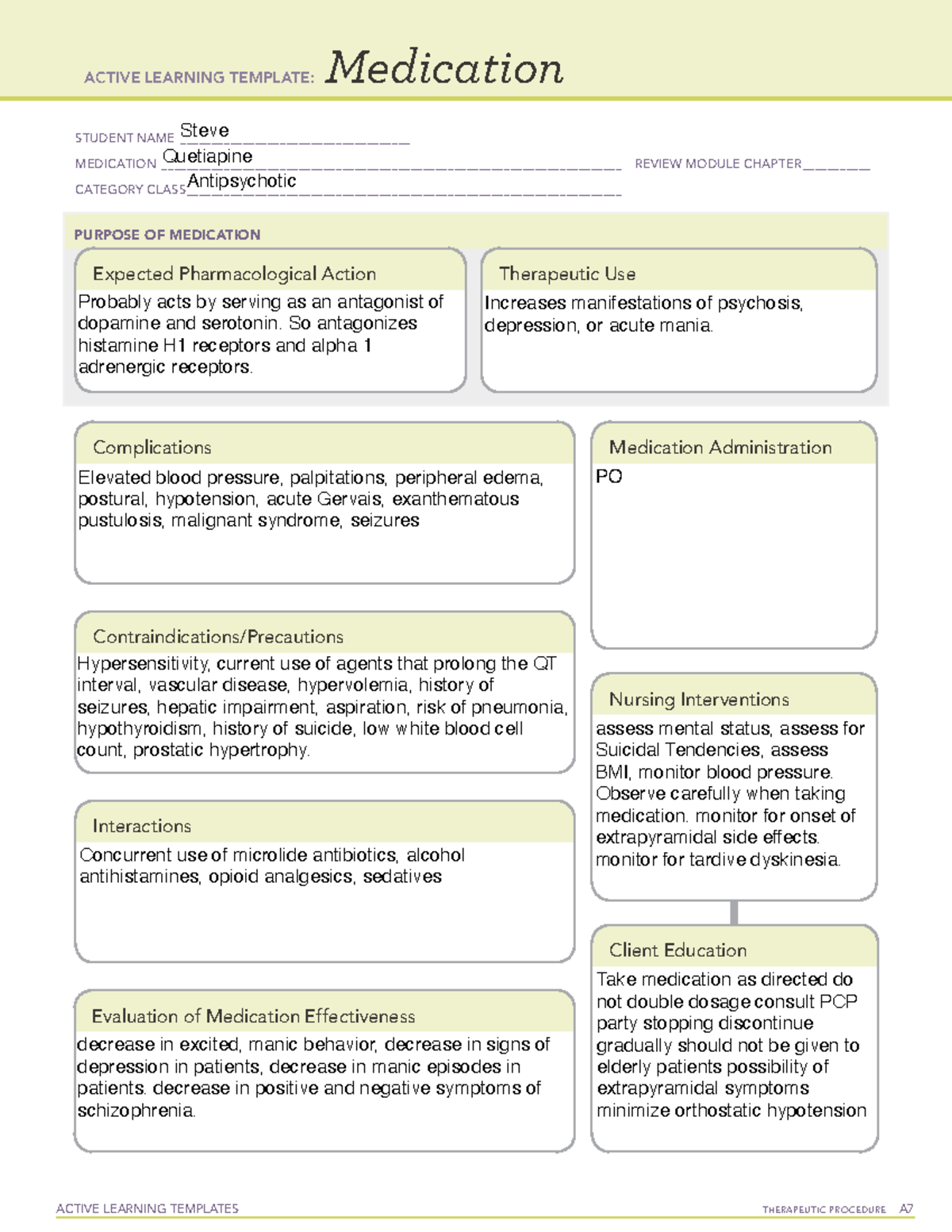 ATM Quetiapine - ATI - ACTIVE LEARNING TEMPLATES TherapeuTic procedure ...