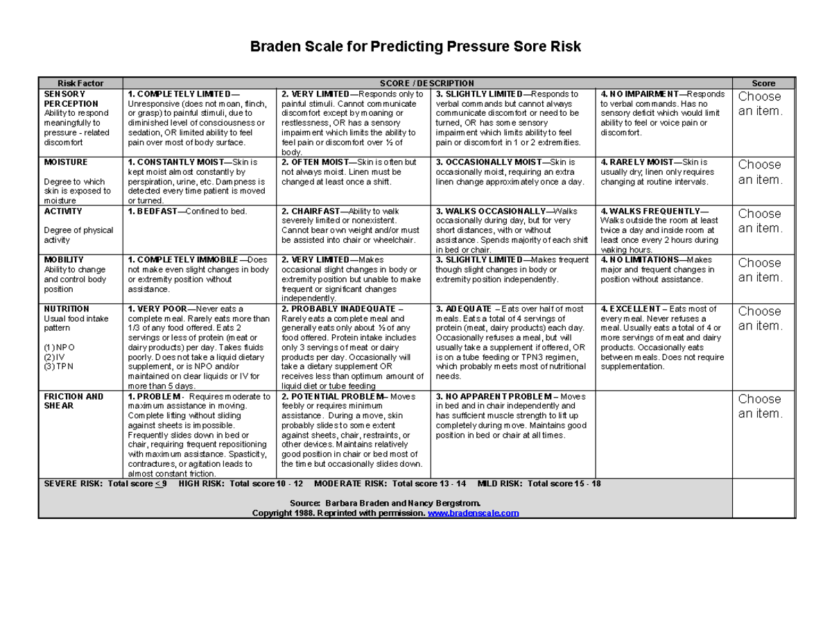 Braden Scale For Predicting Pressure Sore Risk Johns Hopkins Fall Risk Braden Scale For