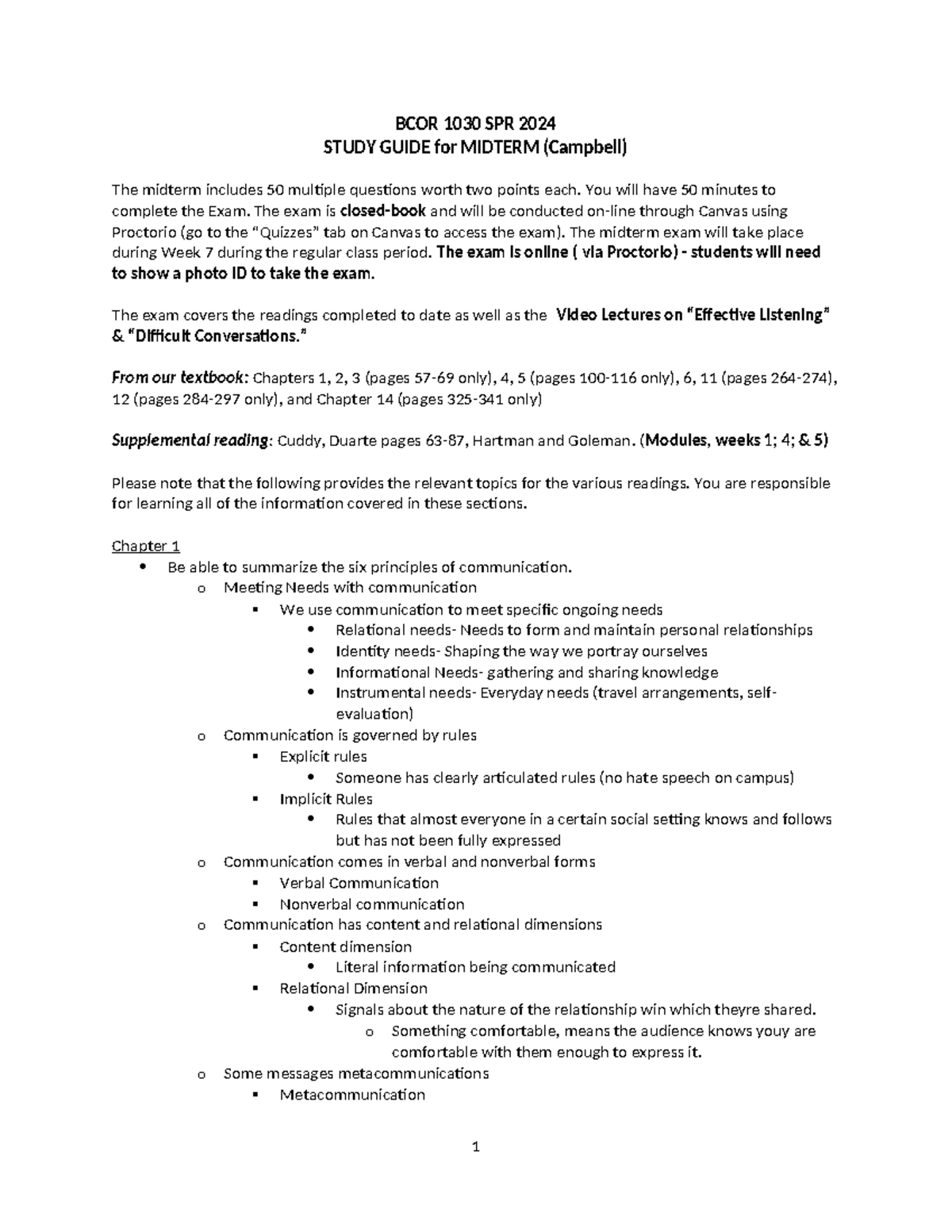 Study Guide for Comms Midterm SPR 2024-1 - BCOR 1030 SPR 2024 STUDY ...