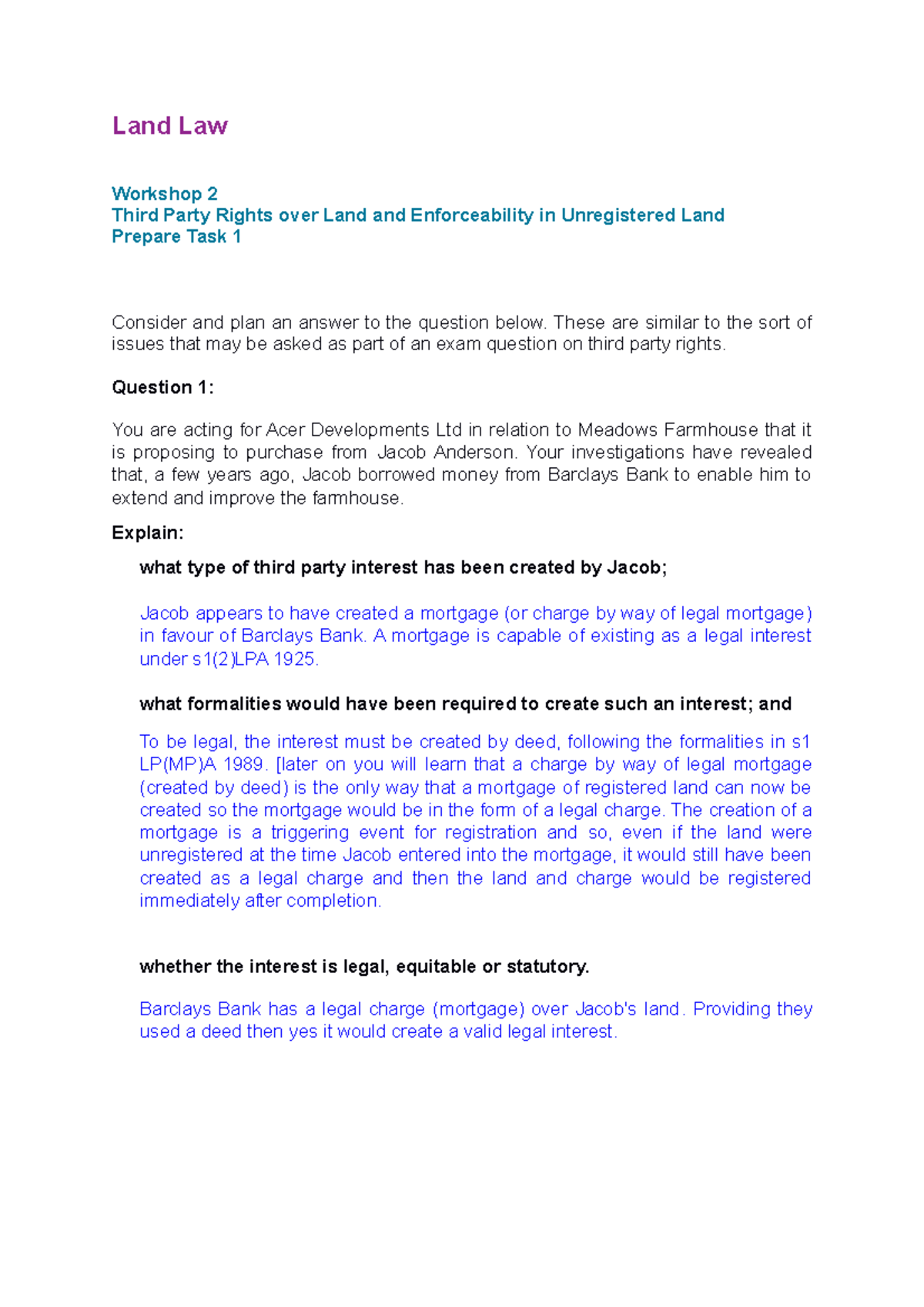Unit 2 land law prepare task 1 Land Law 2 Third Party Rights
