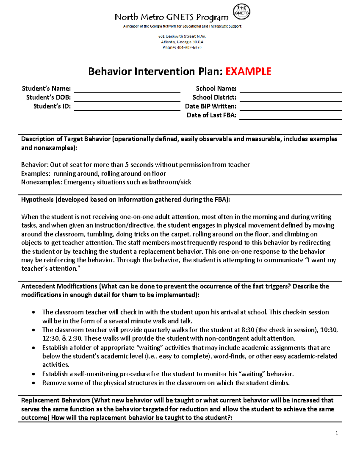 1a BIP Template Example - 1 Behavior Intervention Plan: EXAMPLE Student ...