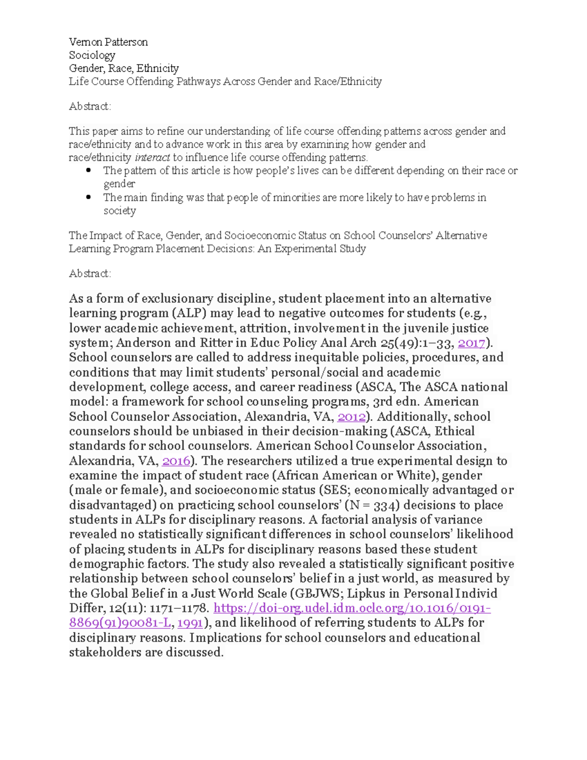 Lab 1 SCen 102 Vernon Patterson Sociology Gender, Race, Ethnicity