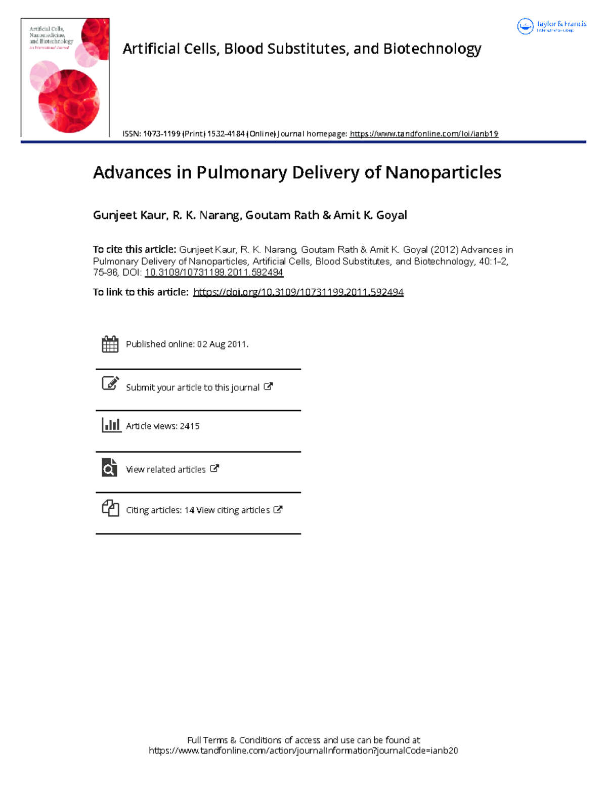 Advances in Pulmonary Delivery of Nanoparticles - Full Terms ...