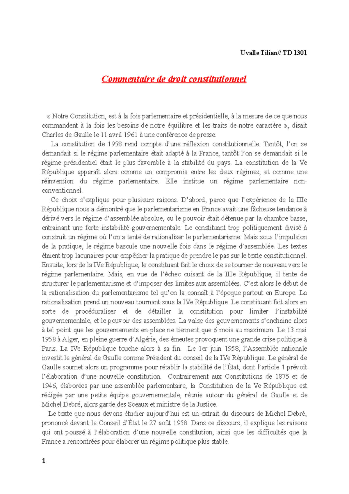 Commentaire Droit Constitutionnel S2 Uvalle Tilian Td 1301 Commentaire De Droit