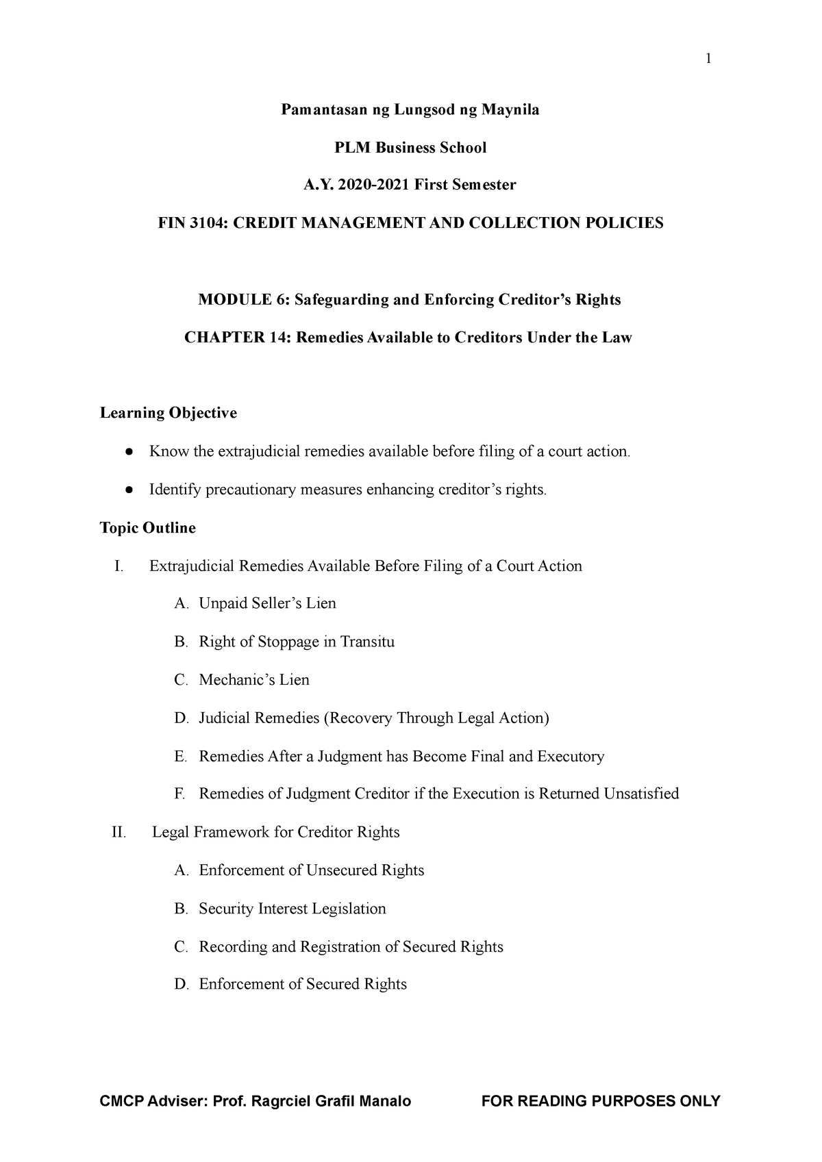 CMCP M6 CH 14Remedies Available to Creditors Under the Lawconverted