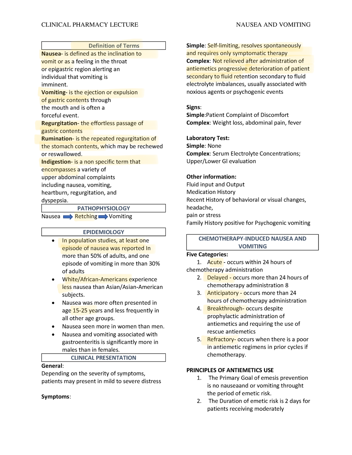 Nausea-Vomiting-Trans - CLINICAL PHARMACY LECTURE NAUSEA AND VOMITING ...