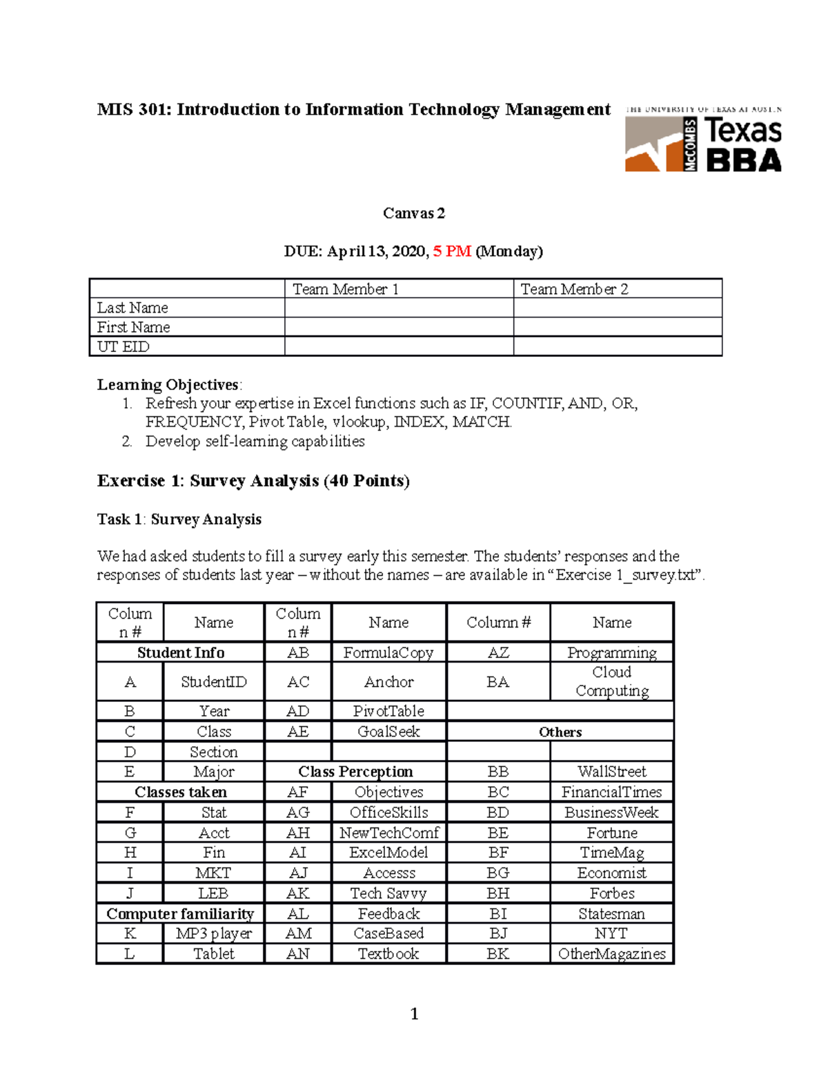 Excel Assignment 1 Answer Sheet MIS 301 Introduction To 