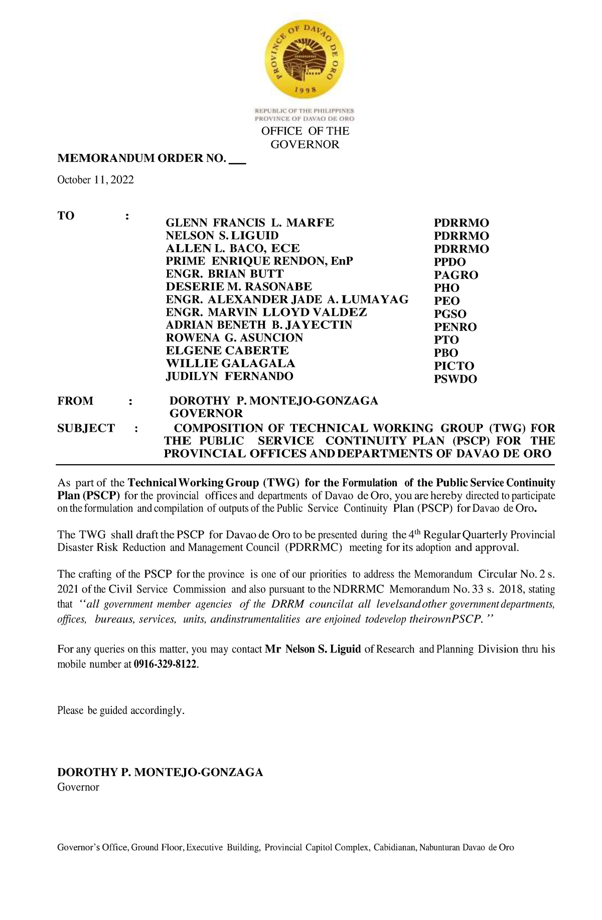 PSCP-TWG - Documnet - OFFICE OF THE GOVERNOR MEMORANDUM ORDER NO ...