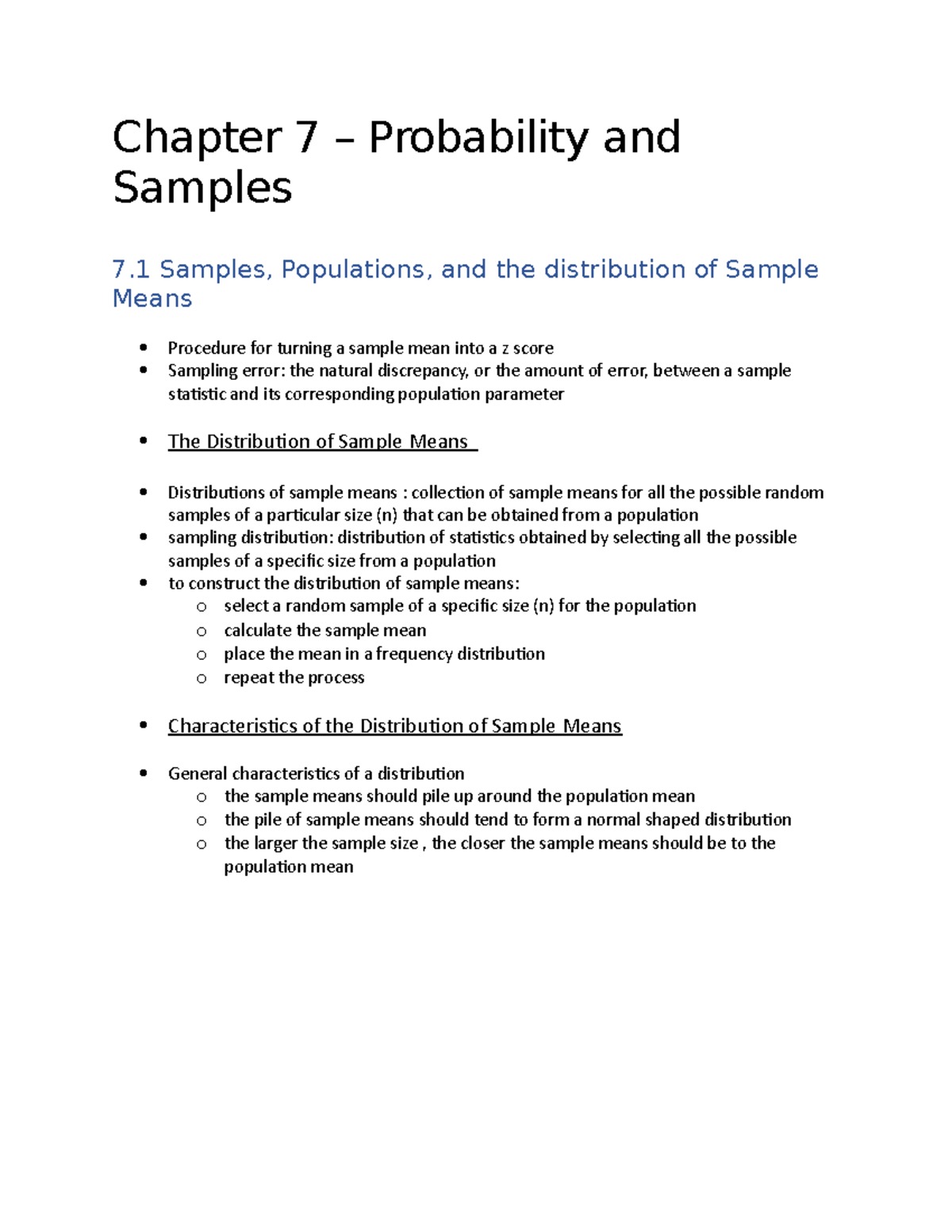 Chapter 7- Stats - Notes - Chapter 7 – Probability And Samples 7 ...