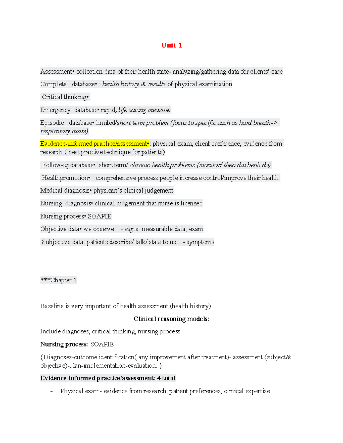 Week 1- week 6 review - Unit 1 Assessment• collection data of their ...