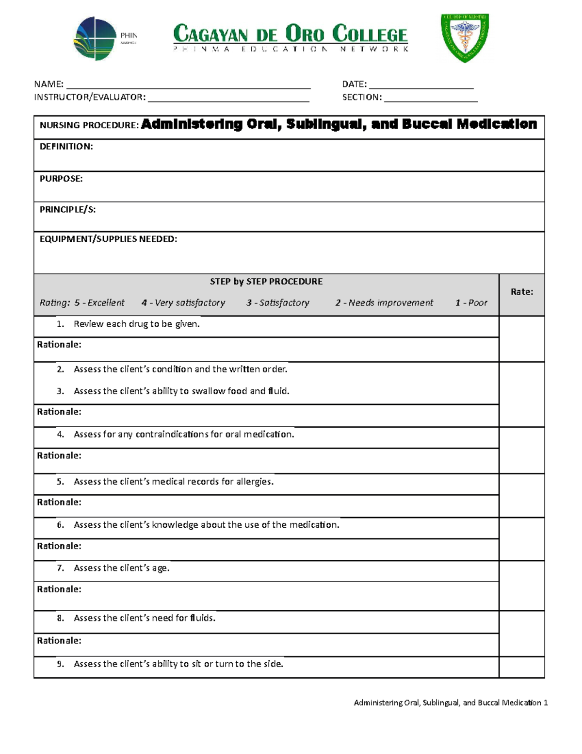 Copy of Checklist Administering Oral Sublingual and Buccal Medication ...