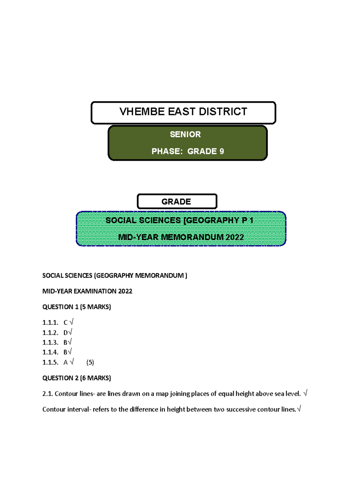 2022 Grade 9 GEO MID YEAR Memorandum SOCIAL SCIENCES GEOGRAPHY 