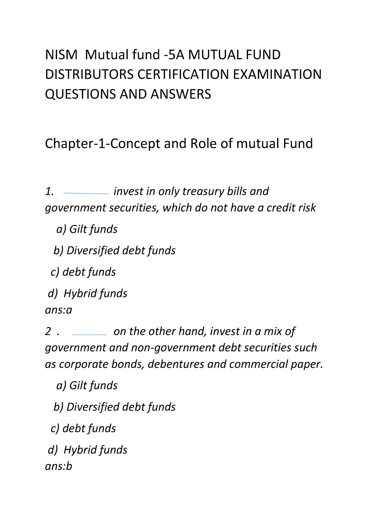 NISM- Series-V-A- Mutual-FUND QUES AND Answer Concept AND ROLE OF A MF ...