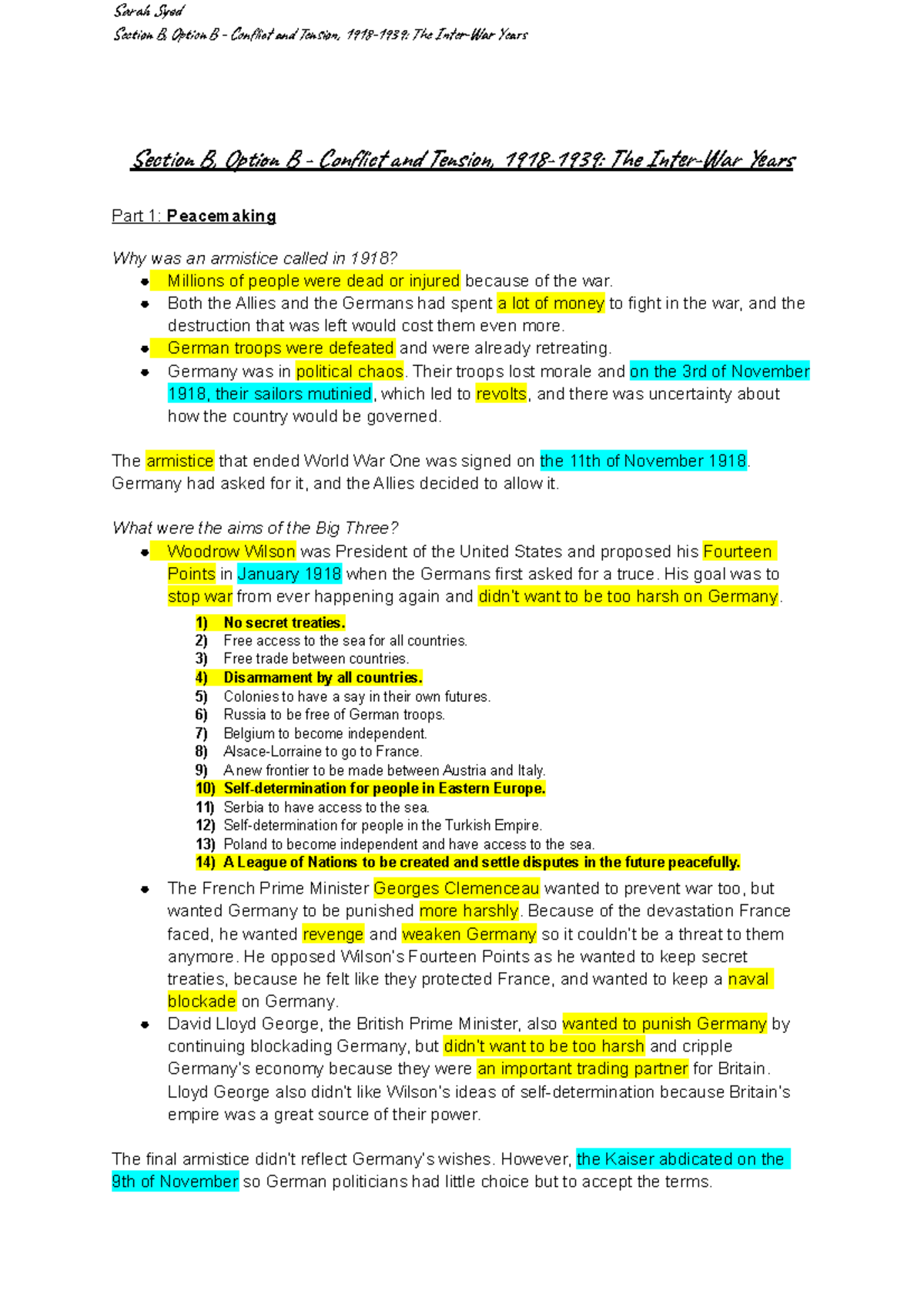 Conflict and Tension Notes, 1918-1939 The Inter-War Years - Section B ...