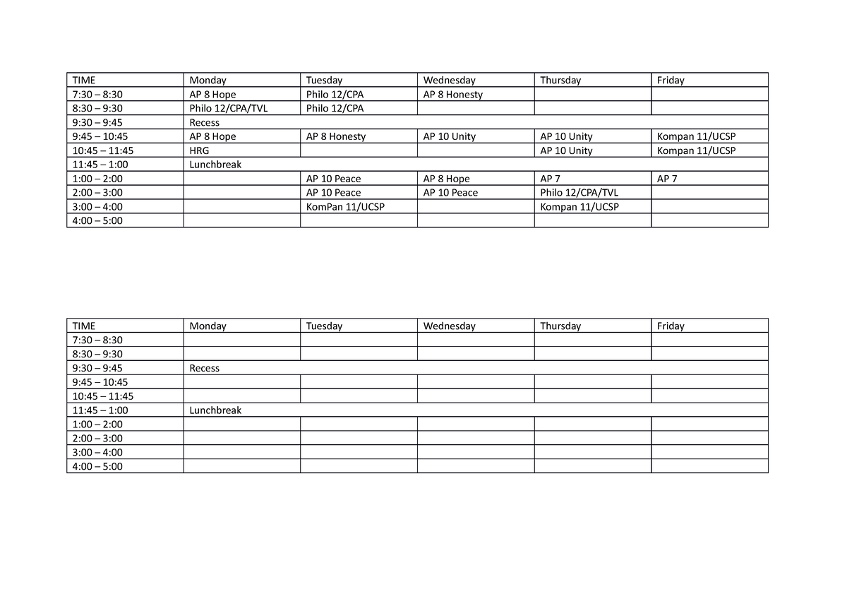 My Schedule - I Love Pnu - Time Monday Tuesday Wednesday Thursday 