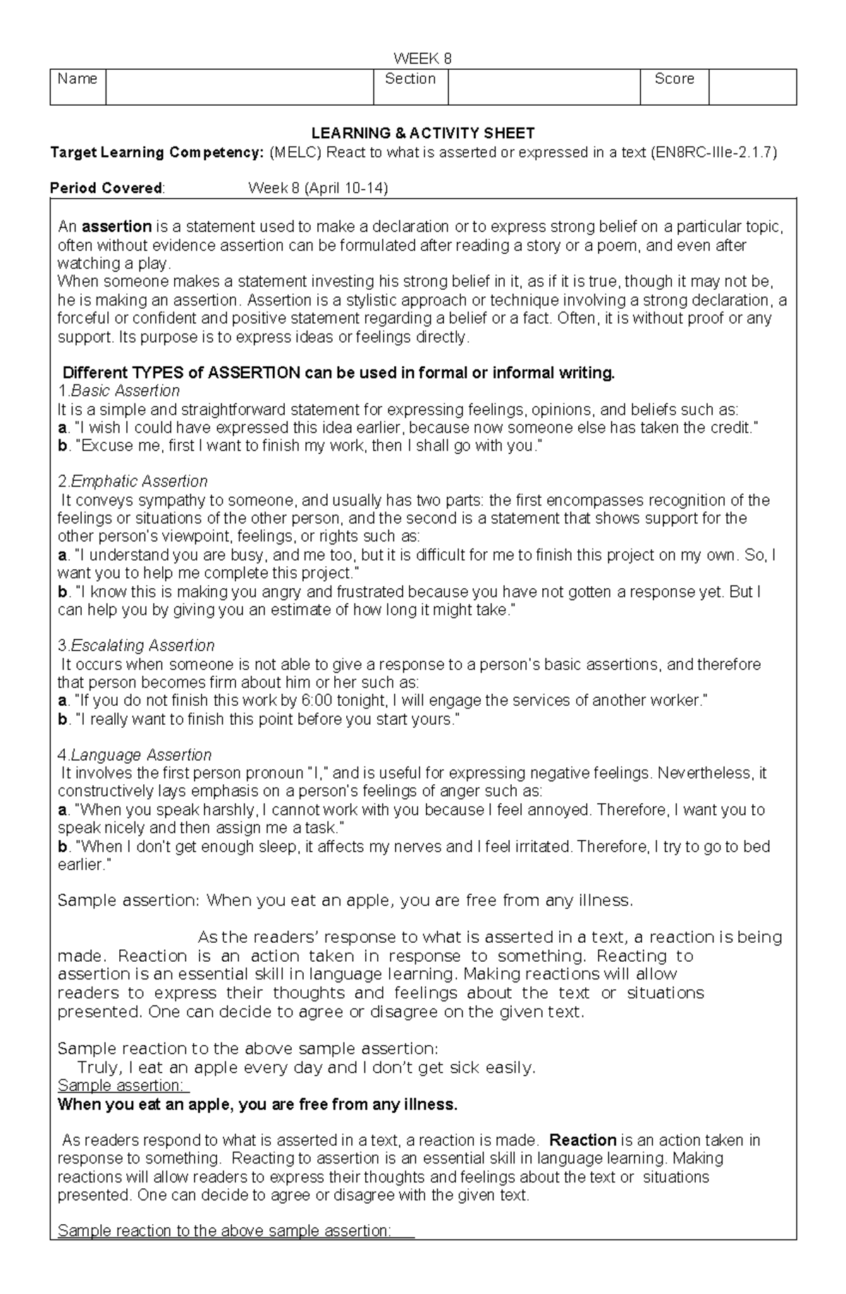 WEEK 8 Q3 LAS - Learning Activity Sheet - WEEK 8 Name Section Score ...