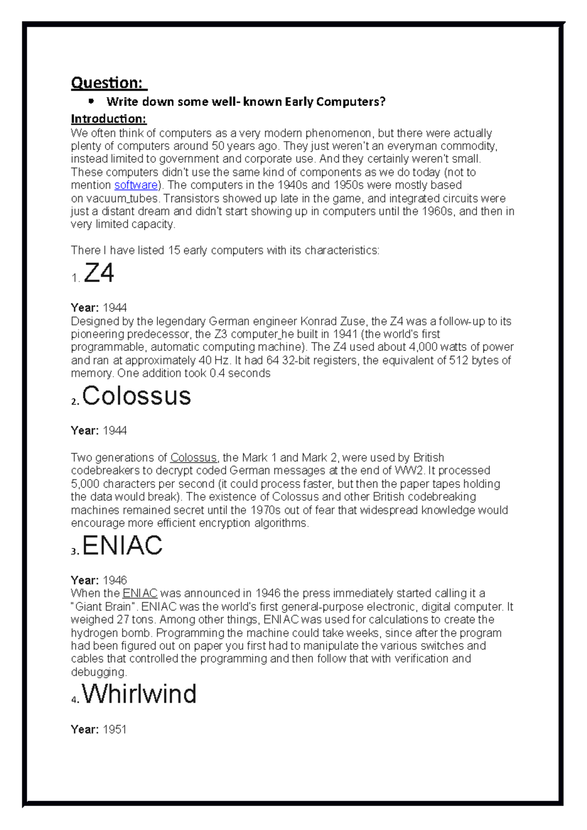 Assignment#1 Early Computers - Question: Write down some well- known ...