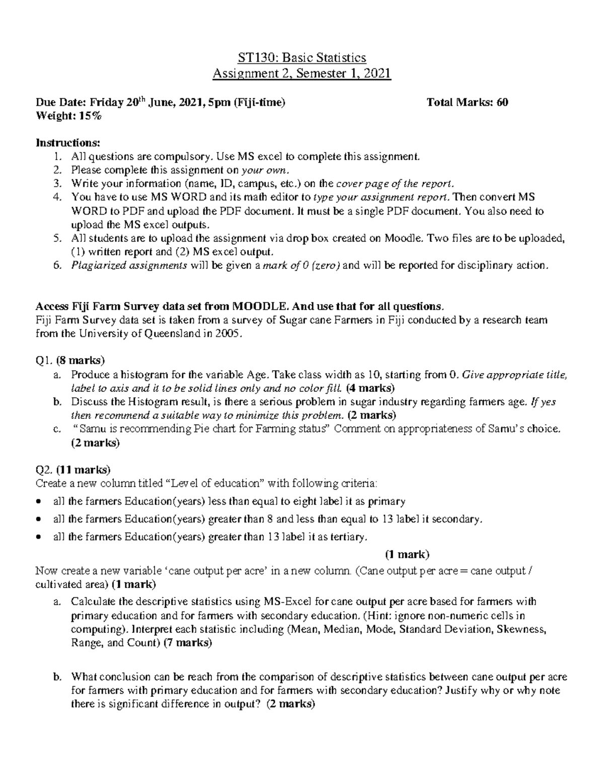 ST130 Assignment 2 - Basic Stats - ST130: Basic Statistics Assignment 2 ...