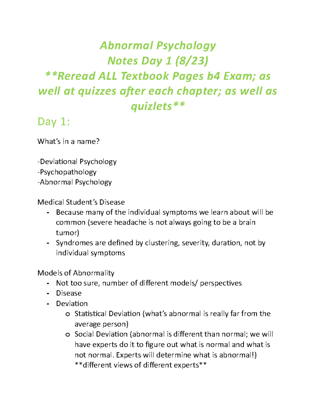 Abnormal Psychology - Abnormal Psychology Notes Day 1 (8/23) **Reread ...