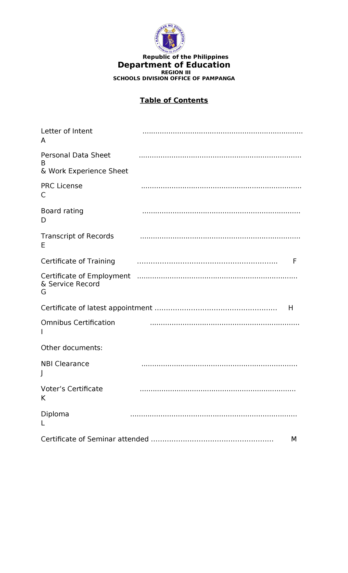 Table OF Contents - Republic of the Philippines Department of Education ...