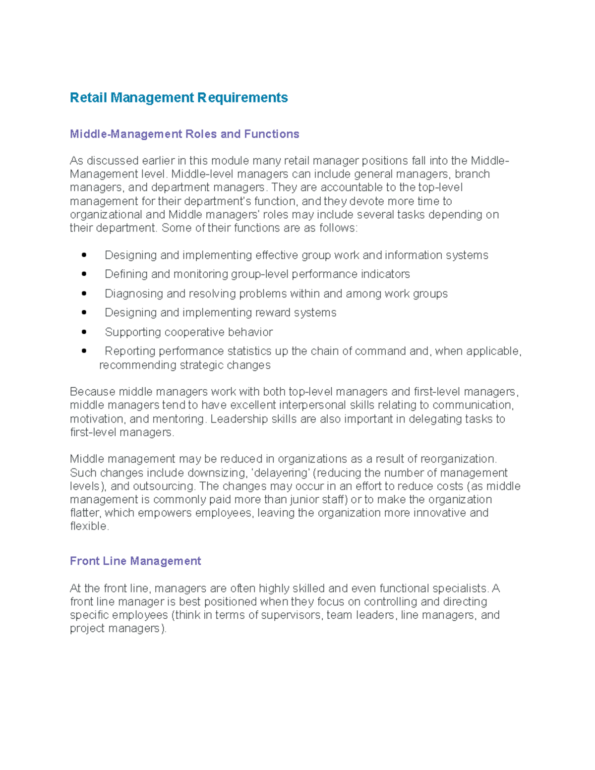 Extra reading Retail Management Requirements Retail Management Requirements Middle