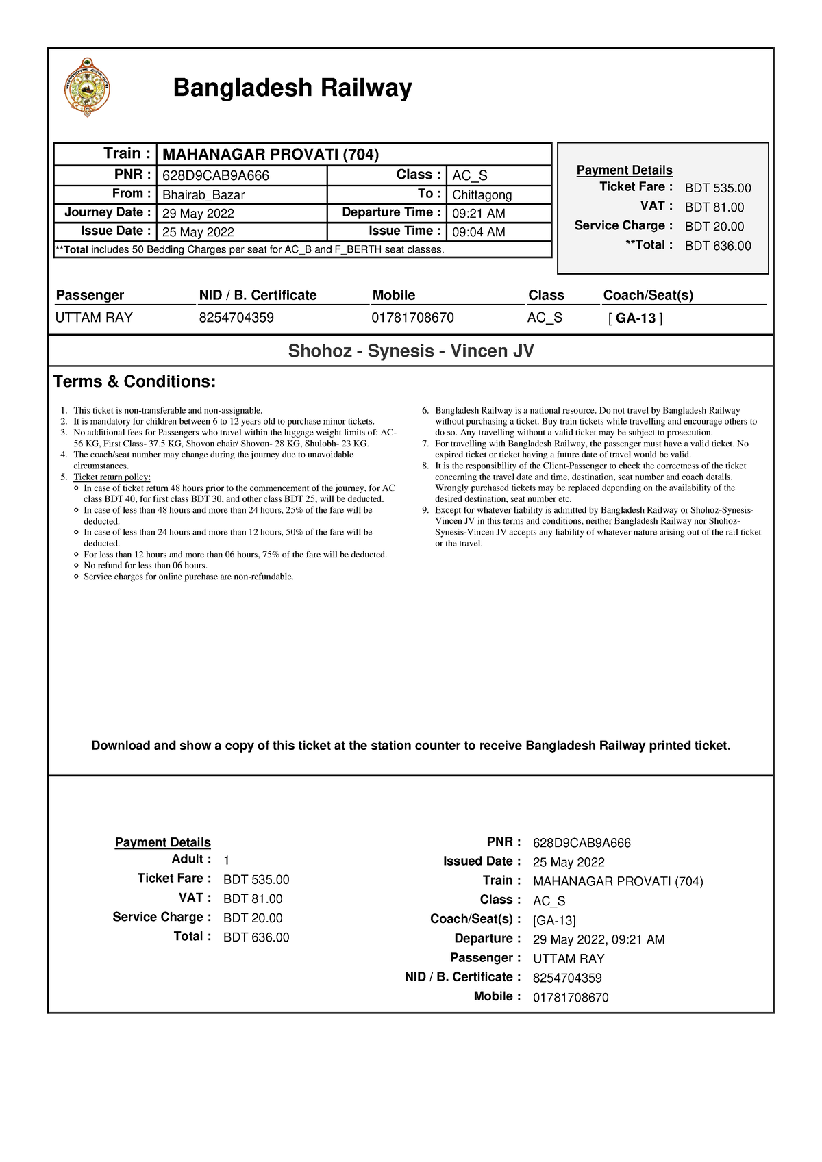 Bdrailway Ticket 202205250905172244477 - Bangladesh Railway Train ...