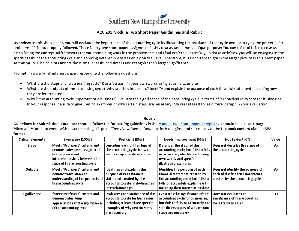 ACC 201 Module Two Short Paper Guidelines and Rubric - There is only ...