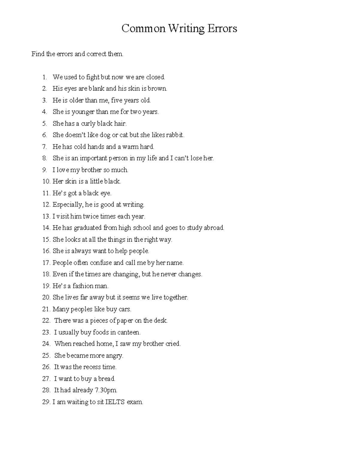 Error + conjunctions + syonymns exercises - Common Writing Errors Find ...